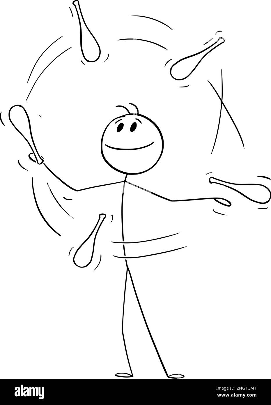 Juggler Juggling with Clubs, Vector Cartoon Stick Figure Illustration
