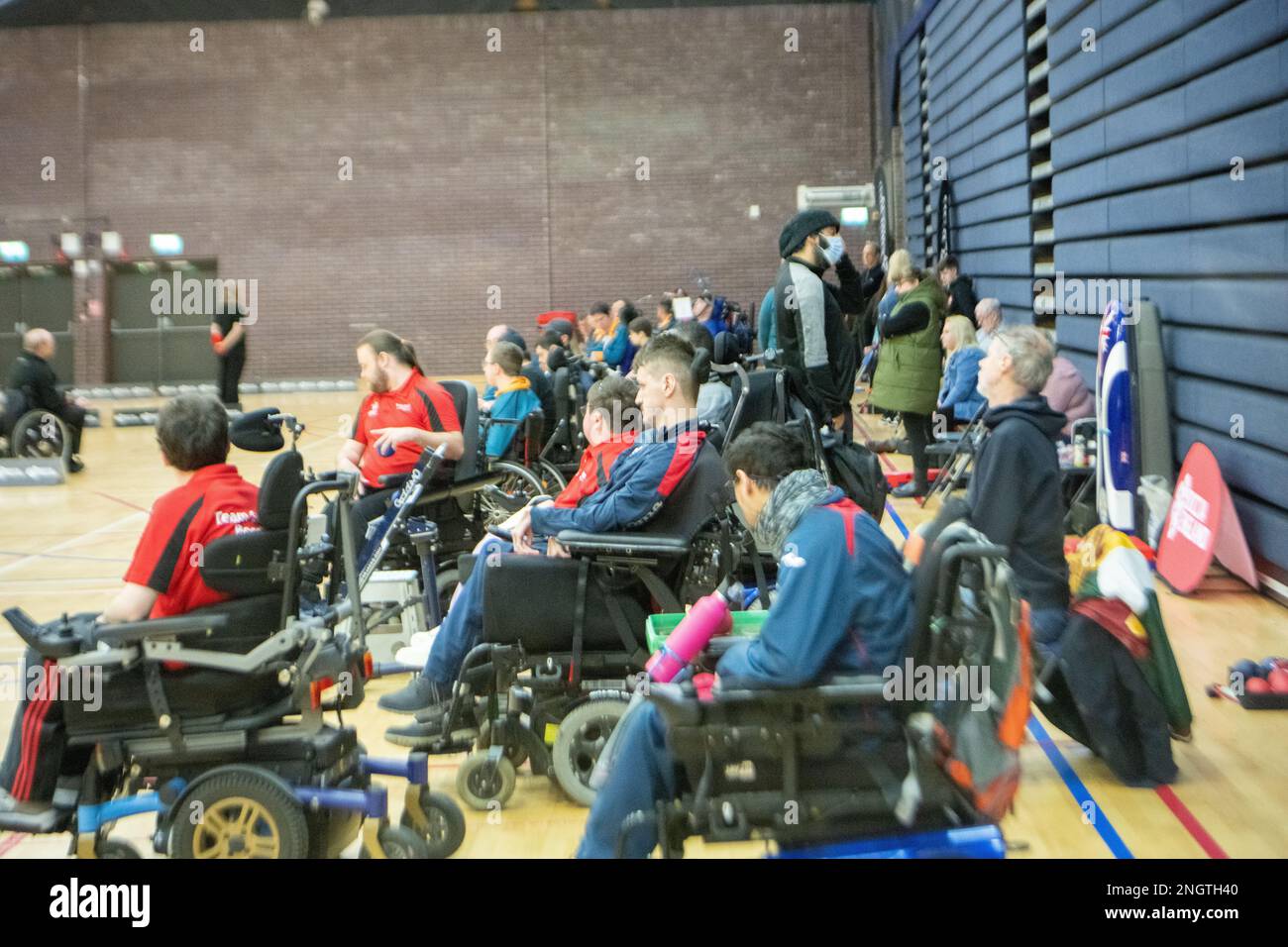 Brentwood Essex 19th Feb 2023 Boccia England Super league fixture at Brentwood Essex. Boccia is a Paralympic sport. It's a target ball sport which tests both muscle control and accuracy. From a seated position (and therefore ideal for wheelchair users) players propel balls to land close to a white marker ball - the jack. If a player is unable to grasp and propel a ball a ramp can be used. The Super League consists of the top eight Pan Disability teams in the country. Teams earn a place in this league through promotion from the National League. There are four fixture days which take place b Stock Photo