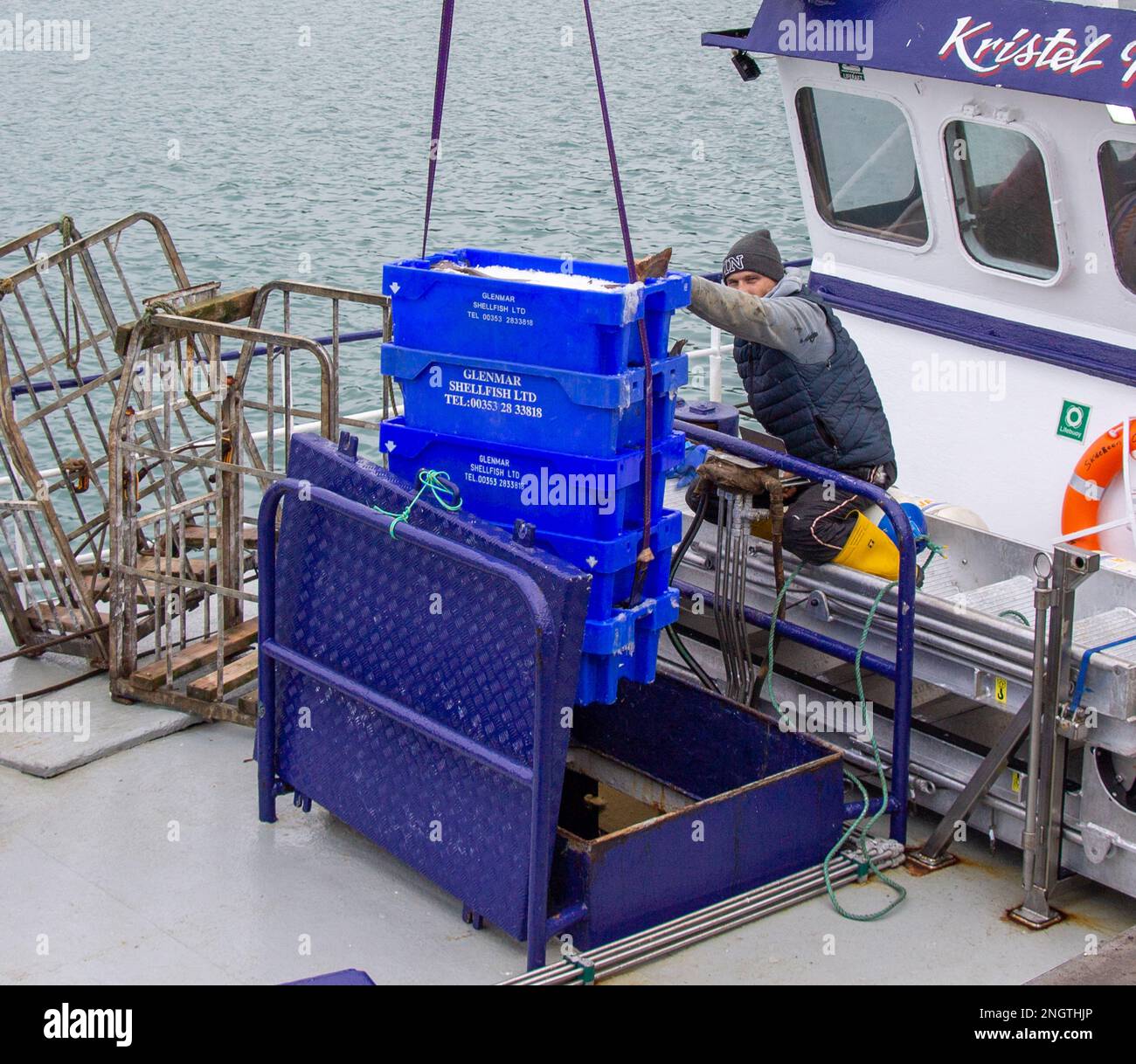 Fishermen landing catch from Trawler. Stock Photo