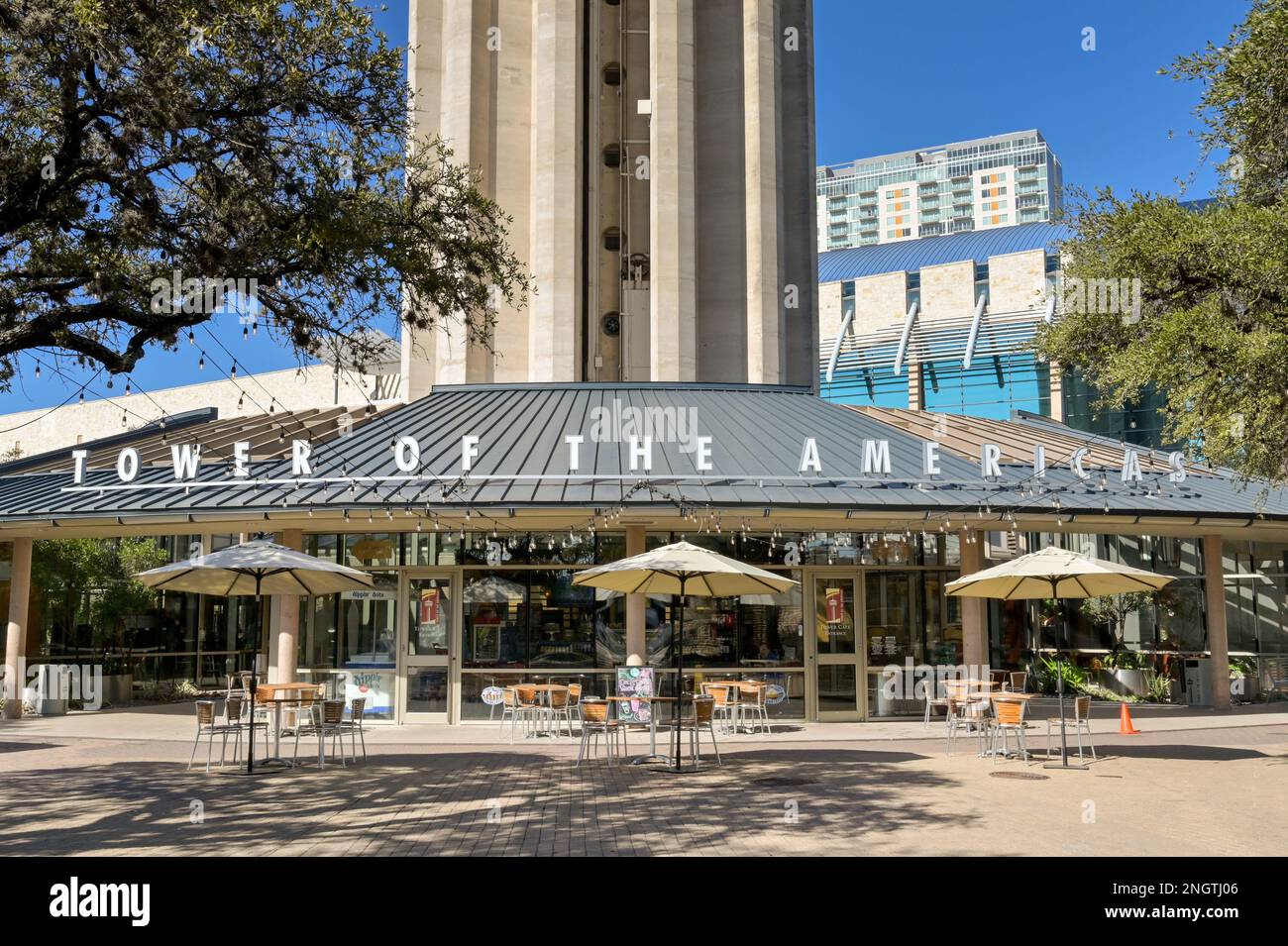 San Antonio, Texas, USA - February 2023: Base of the Tower of the Americas in downtown San Antonio. It was build for the 1968 World's Fair Stock Photo