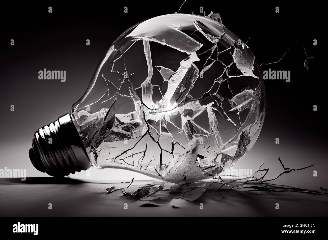 Broken lightbulb, cracked glass of light bulb. Bad useless idea, failure concept. Generative AI