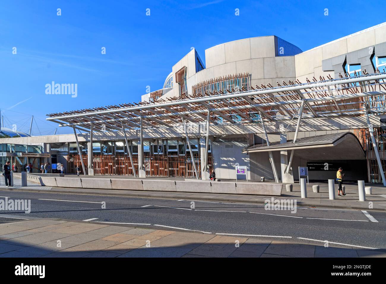 EDINBURGH, GREAT BRITAIN - SEPTEMBER 10, 2014: This is a fragment of the unusual facade of the Scottish Parliament building, architect Enrique Miralle Stock Photo