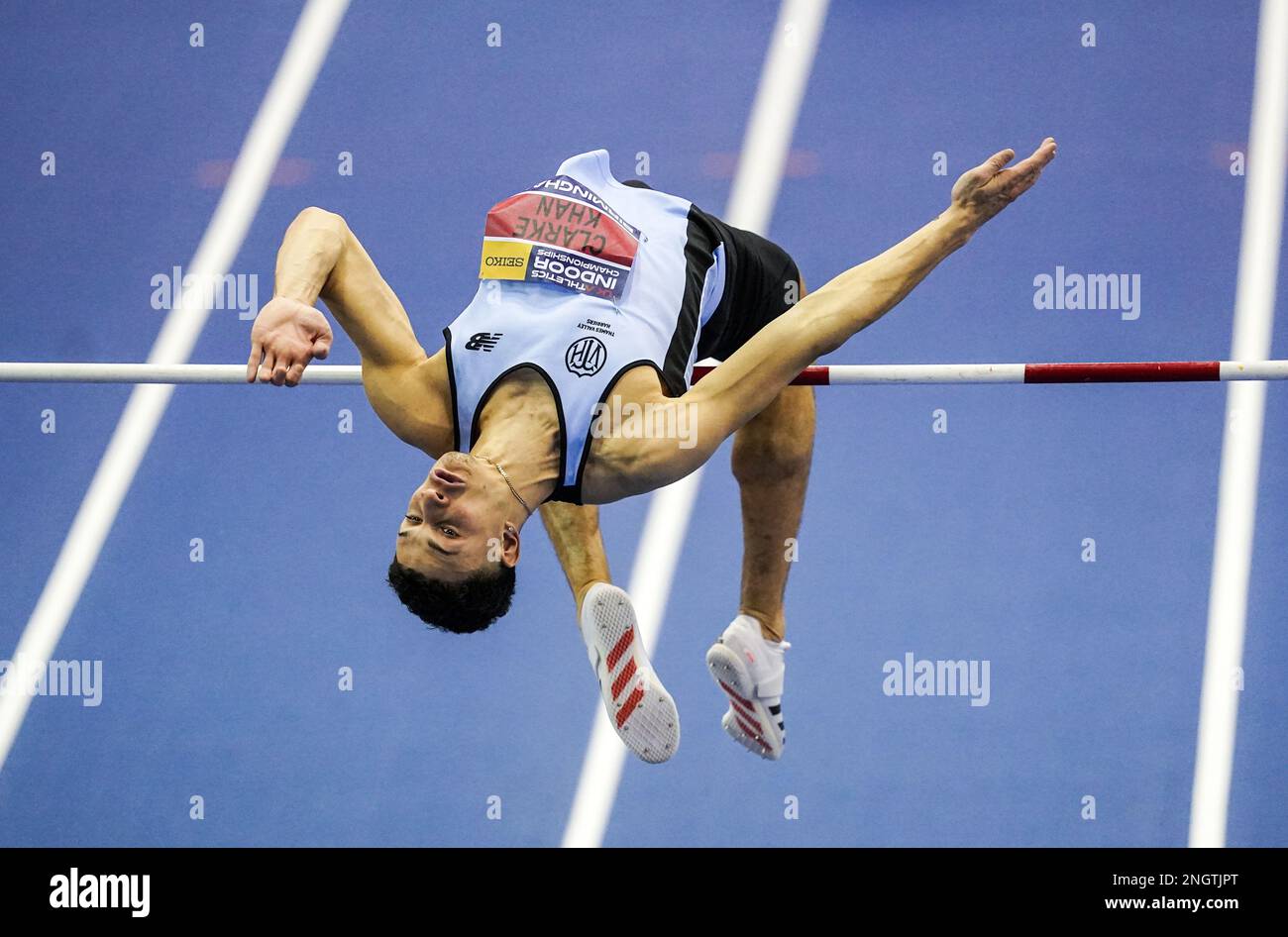 Joel Clarke-Khan during the Men's High Jump Final on day two of the UK Athletics Indoor Championships at the Utilita Arena, Birmingham. Picture date: Sunday February 19, 2023. Stock Photo