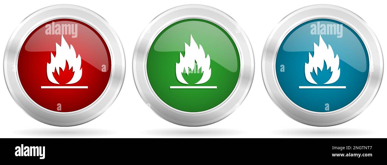 Flame vector icon set. Red, blue and green silver metallic web buttons