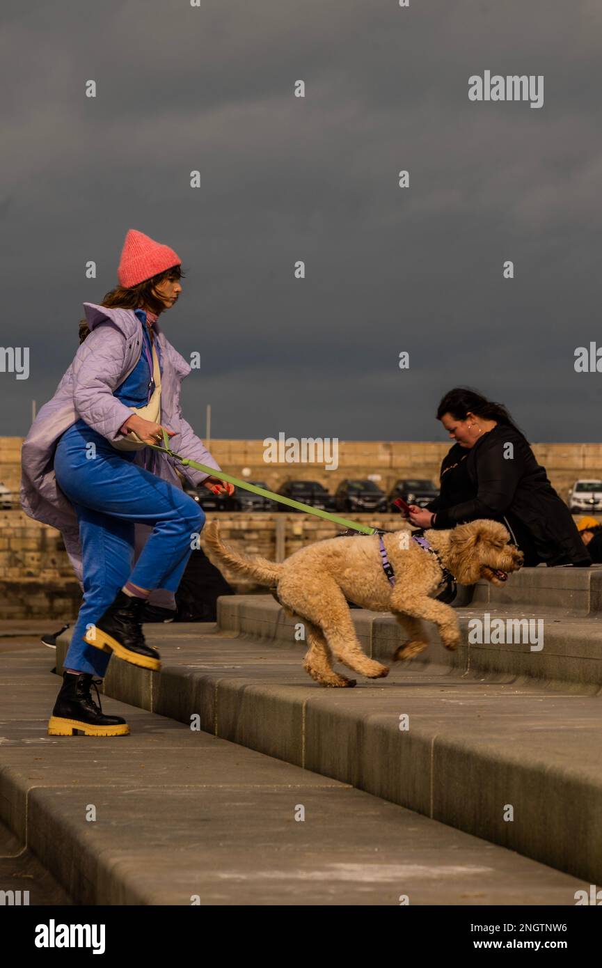 Margate, UK. 18 Feb 2023. Walking the dog on the harbour wall and beach