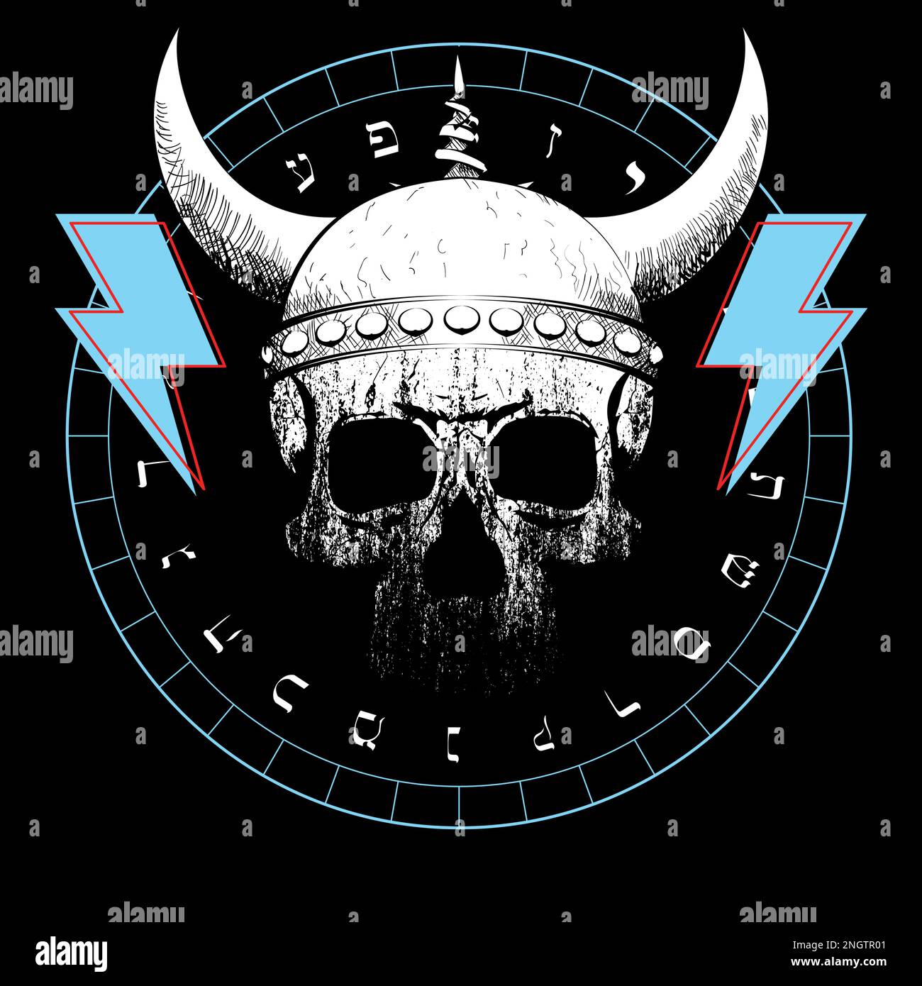 Viking skull t-shirt design with thunder and letters of the Hebrew alphabet isolated on black Stock Vector