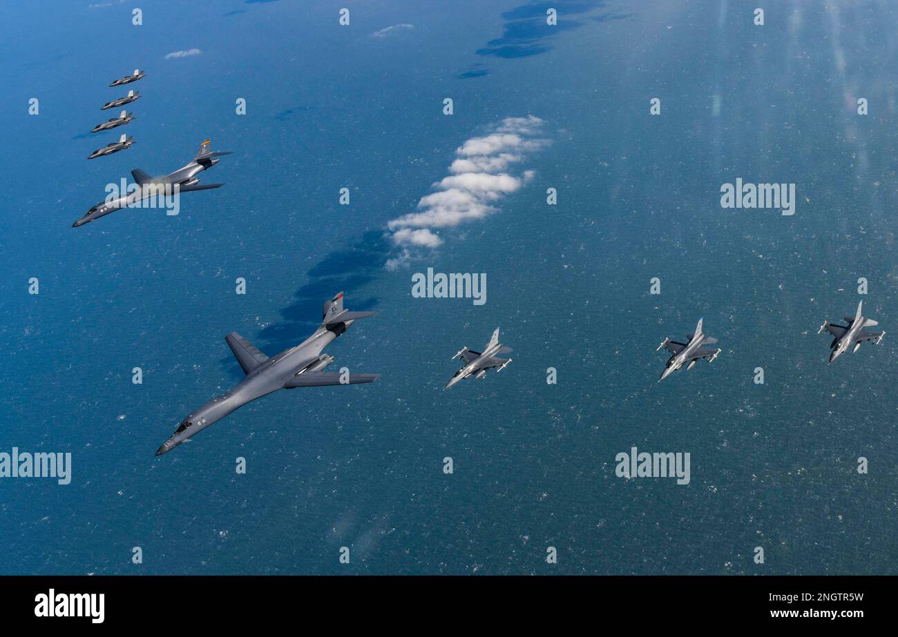 Seoul, South Korea. 19th Feb, 2023. (In this handout photos released by South Korean Defense Ministry), U.S. Air Force B-1B bomber, (center), flies in formation with U.S. Air Force F-16 fighter jets over the South Korea Peninsula during a joint air drill in South Korea on February 19, 2023. (Photo by: Korean Defense Ministry via Credit: Sipa USA/Alamy Live News Stock Photo