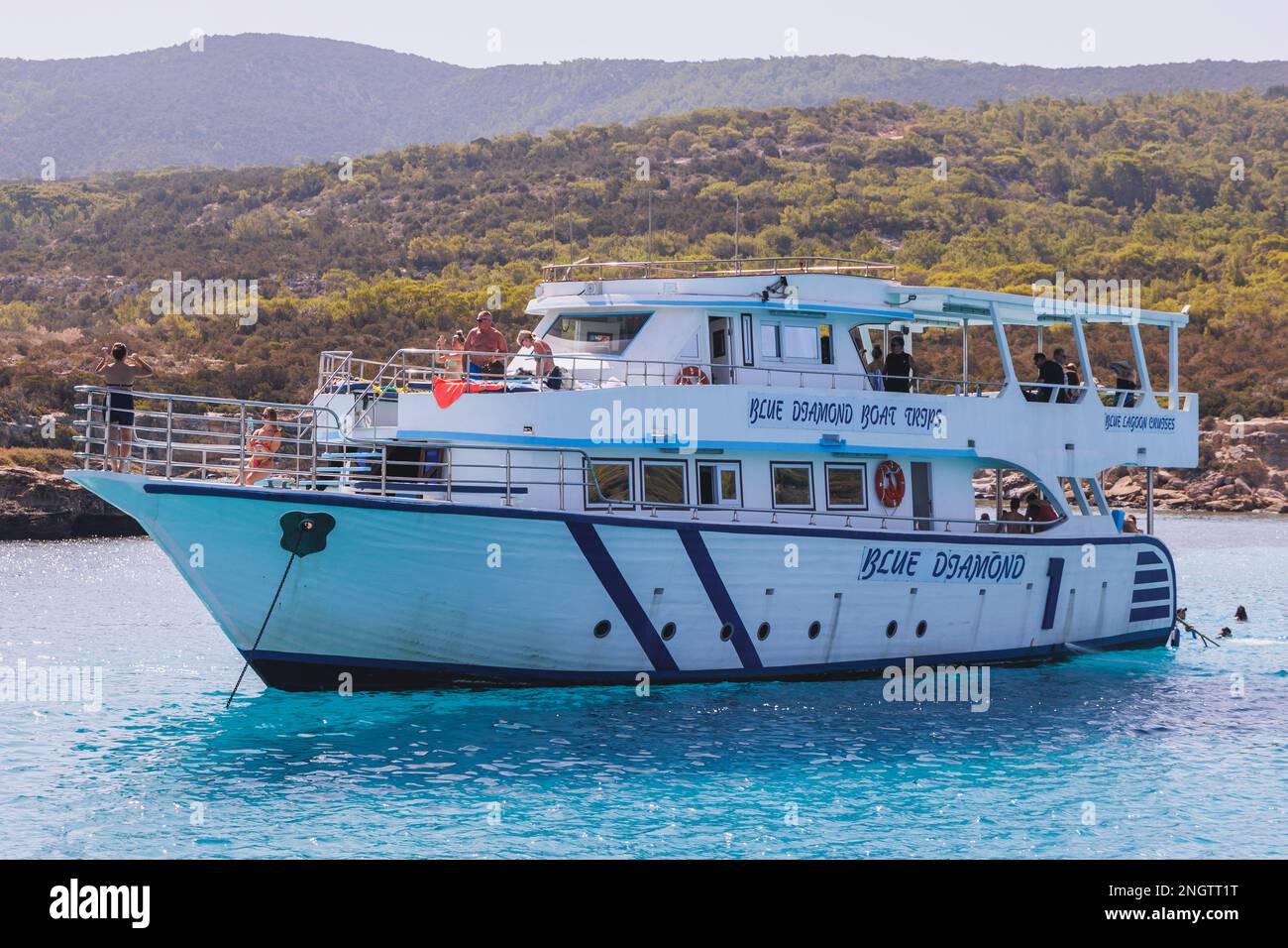 Tourist boat in the Blue Lagoon on the Akamas Peninsula in Cyprus island country Stock Photo