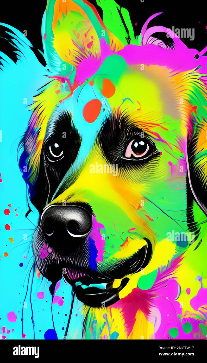 Colorful Dog Art, Fine Art Painting, Illustration Mascot Drawing
