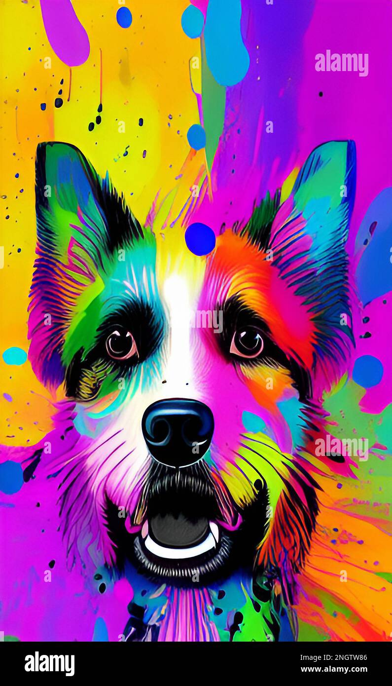 Colorful Dog Art, Fine Art Painting, Illustration Mascot Drawing
