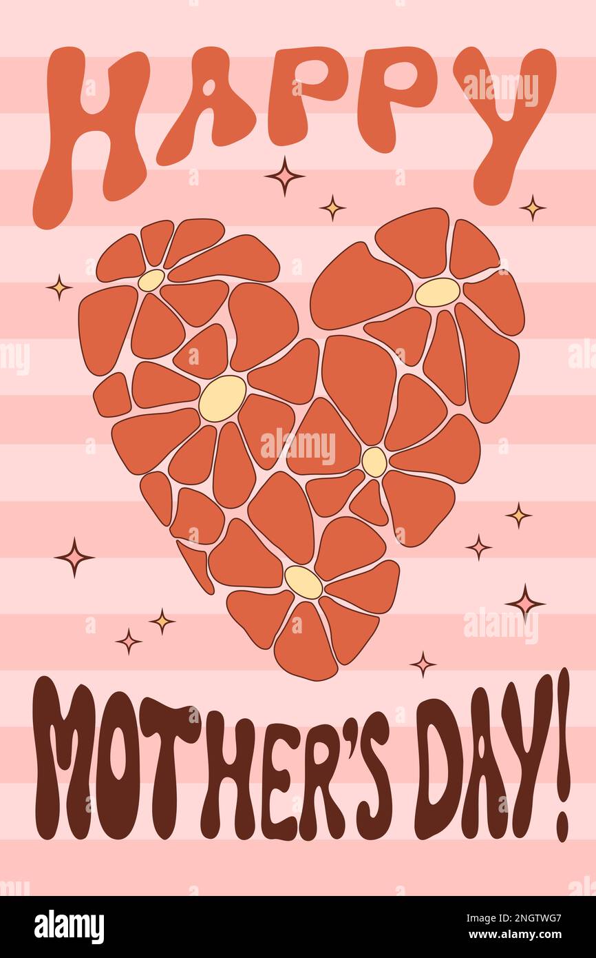 Mothers Day retro nostalgic poster. Heart from daisy flowers Power. Vector Illustration groovy pattern with hand drawn chamomile flowers. Aesthetic mo Stock Vector
