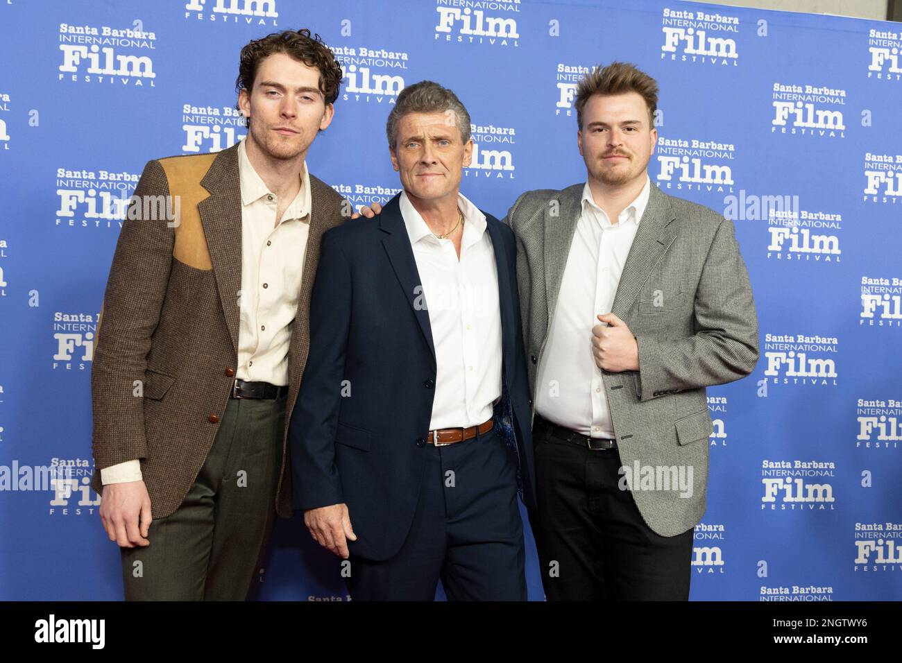 (l-r) Aaron Long, Keith William Richards and Josh Nowak arrive at the 2023 Santa Barbara International Film Festival red carpet event for the Closing Night US Premiere of I LIKE MOVIES at the Arlington Theatre on February 18, 2023 in Santa Barbara, CA. (Photo by Rod Rolle/Sipa USA) Credit: Sipa USA/Alamy Live News Stock Photo