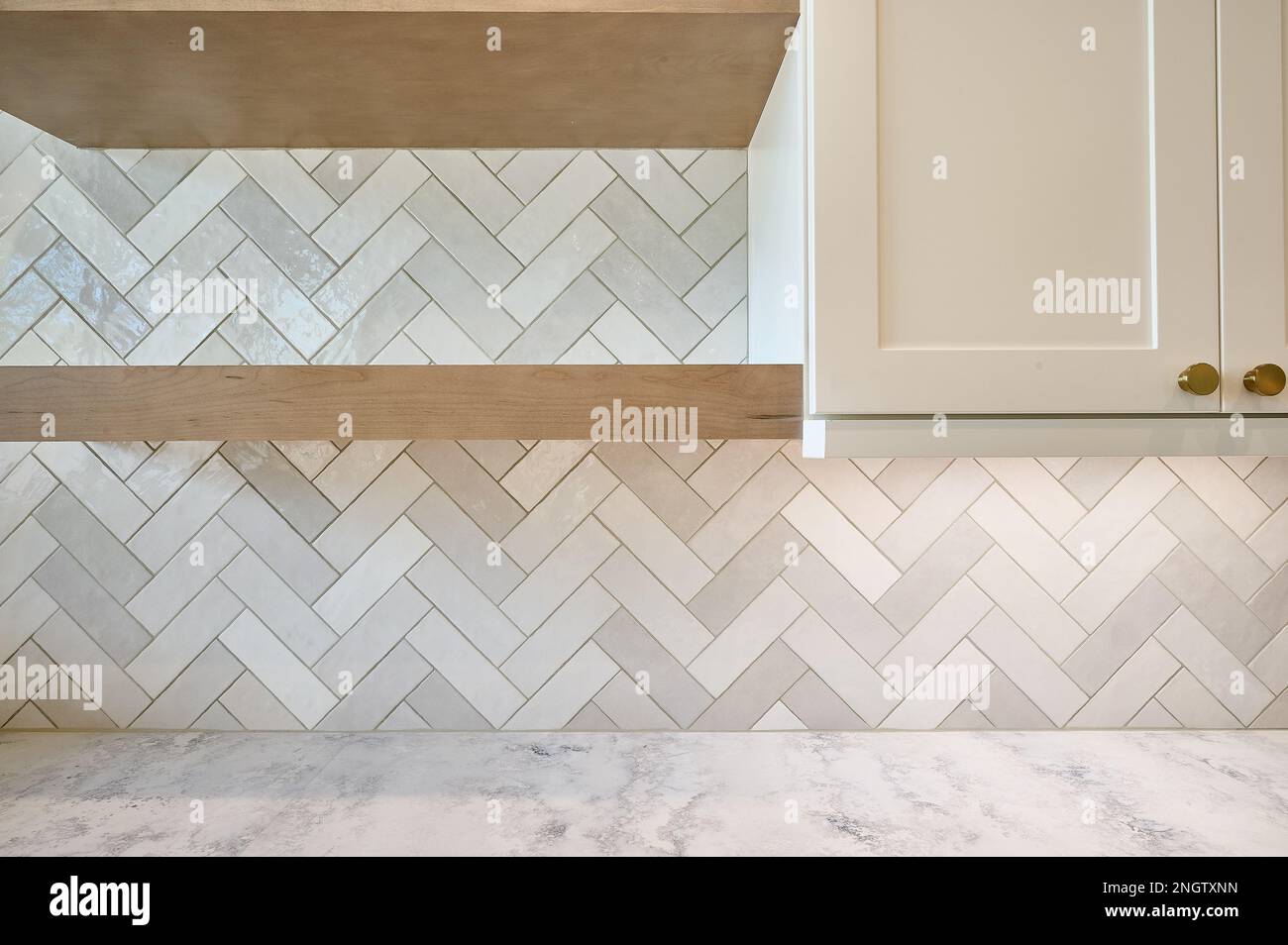 Kitchen Counter, Backsplash, Shelves and Cabinetry Stock Photo