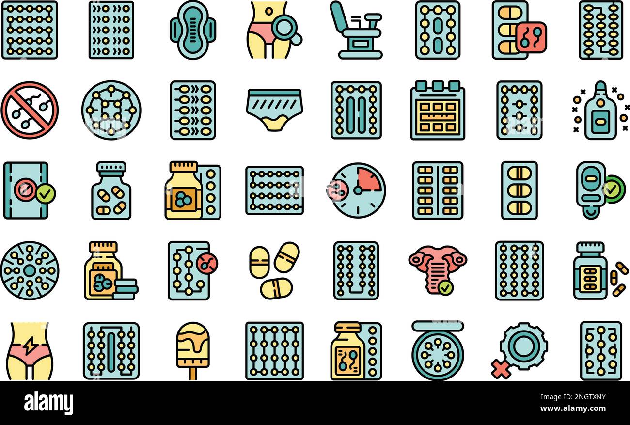 Female oral contraception icons set outline vector. Birth control. Oral pill color flat on white Stock Vector