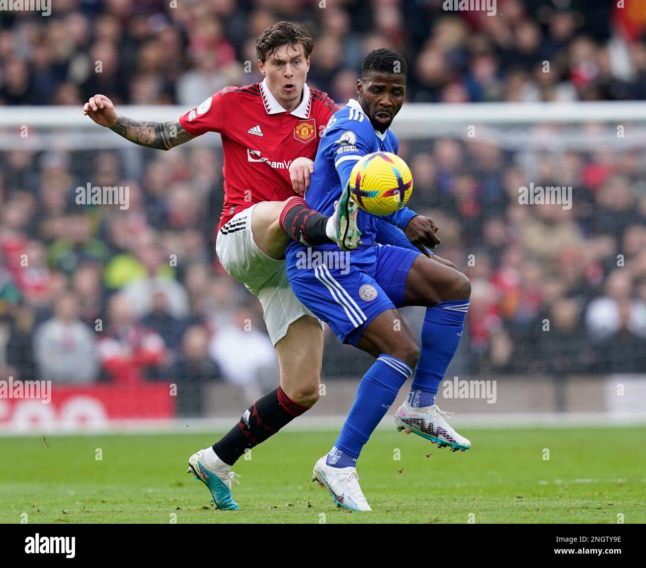 Manchester, UK. 19th Feb, 2023. Victor Lindelof of Manchester United challenges Kelechi Iheanacho of Leicester City during the Premier League match at Old Trafford, Manchester. Picture credit should read: Andrew Yates/Sportimage Credit: Sportimage/Alamy Live News Stock Photo