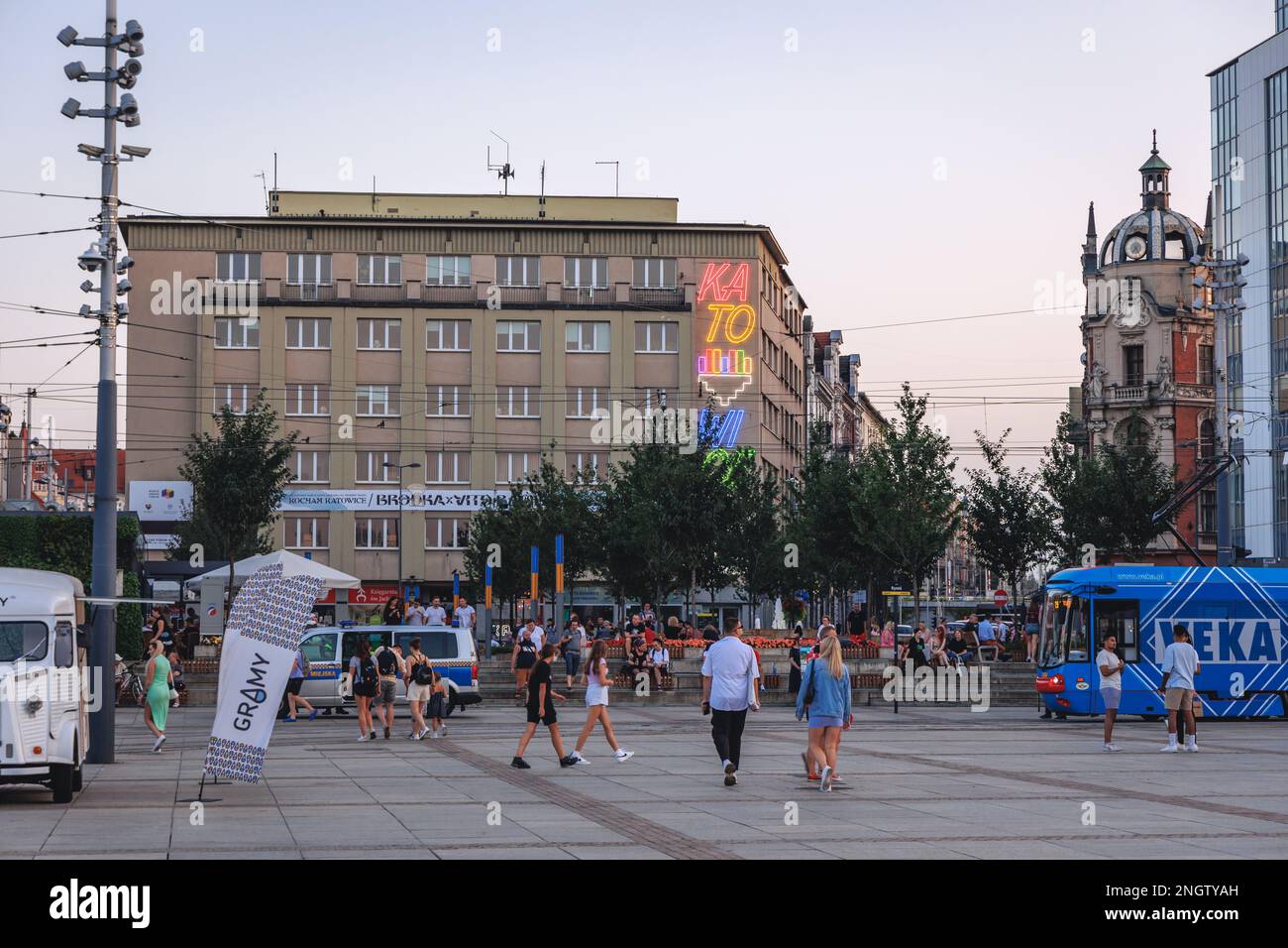 Neon light on Market Square in Katowice city, Silesia region of Poland  Stock Photo - Alamy