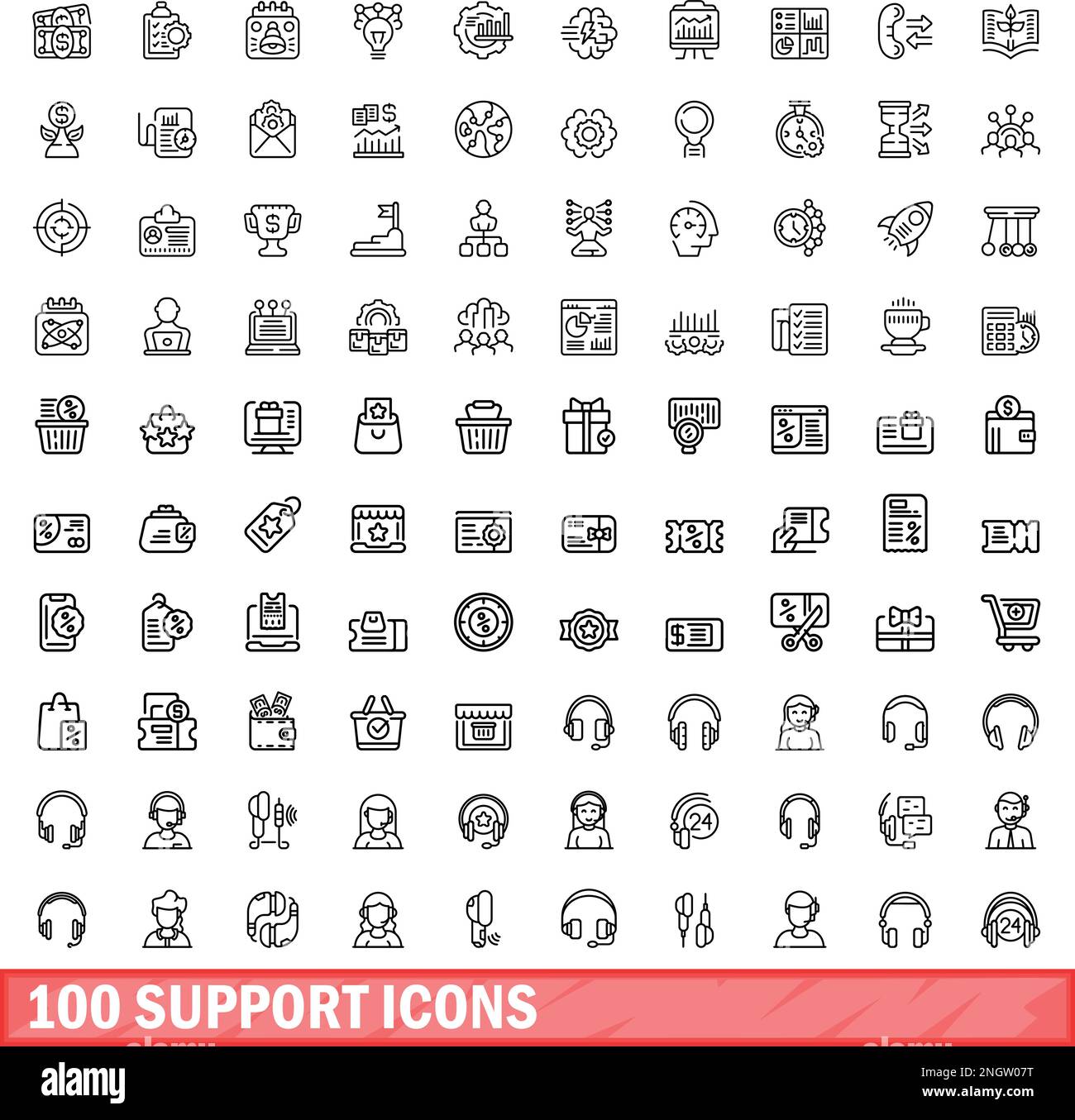 100 support icons set. Outline illustration of 100 support icons vector set isolated on white background Stock Vector