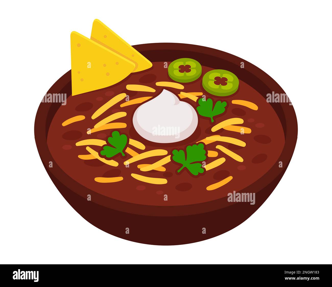 Chile con carne, traditional Mexican food. Bean and beef stew topped with cheese, sour cream and nachos. Cartoon vector clip art illustration. Stock Vector