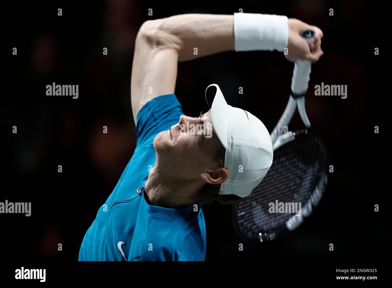 Italy's Jannik Sinner serves against Russia's Daniil Medvedev during