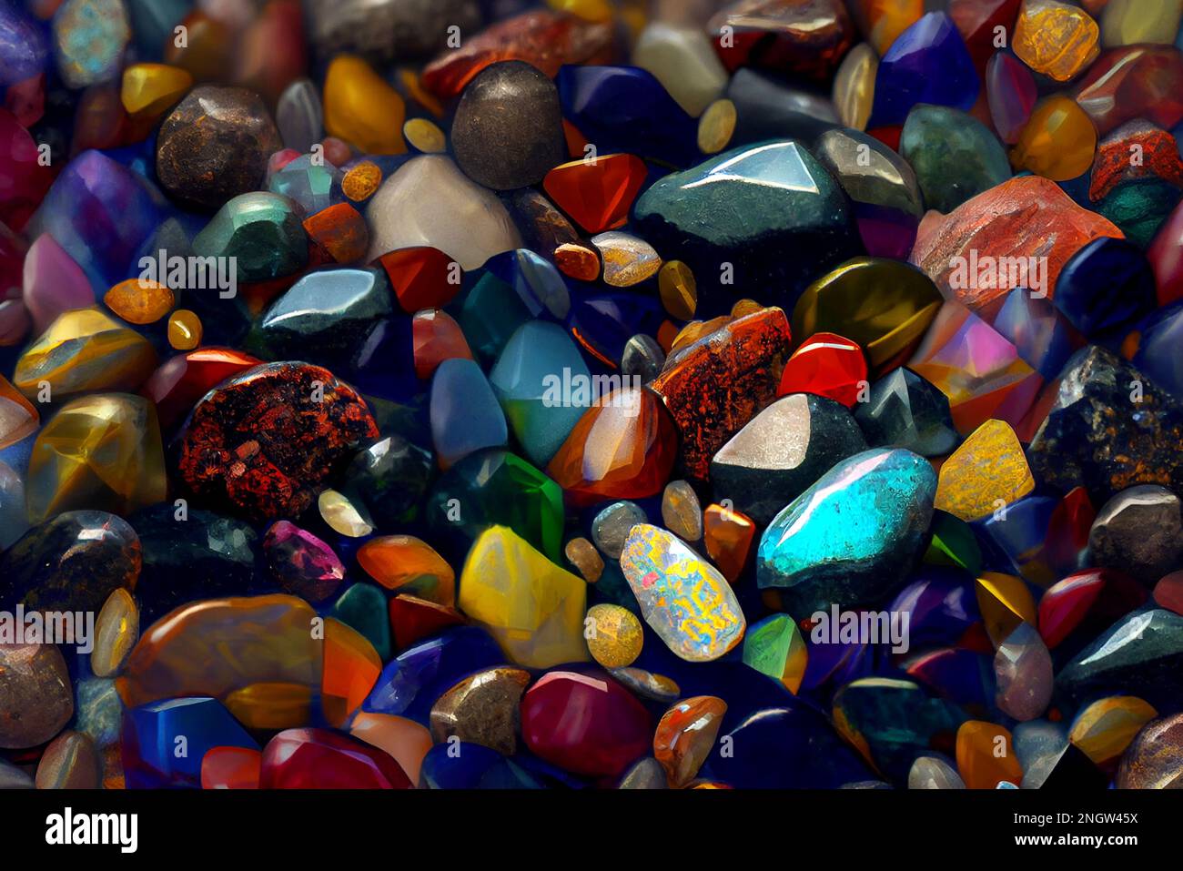 Colorful natural gem stones in various shapes and sizes, arranged in an