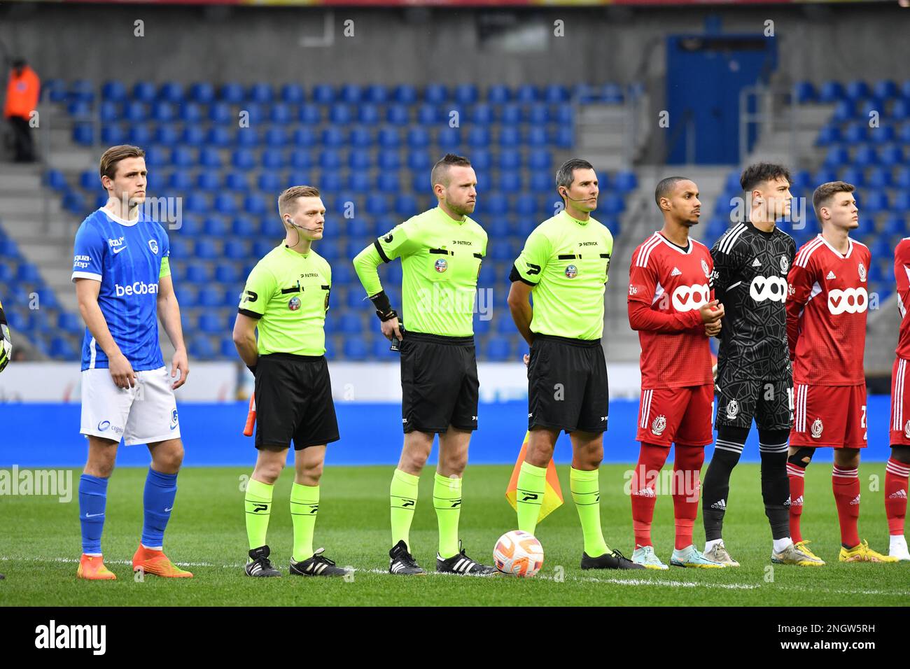 referees (C) and players pictured at a soccer match between Jong Genk (U23) and SL16 (Standard U23), Sunday 19 February 2023 in Lommel, a postponed game of day 19 of the 2022-2023 'Challenger Pro League' 1B second division of the Belgian championship. BELGA PHOTO JILL DELSAUX Stock Photo