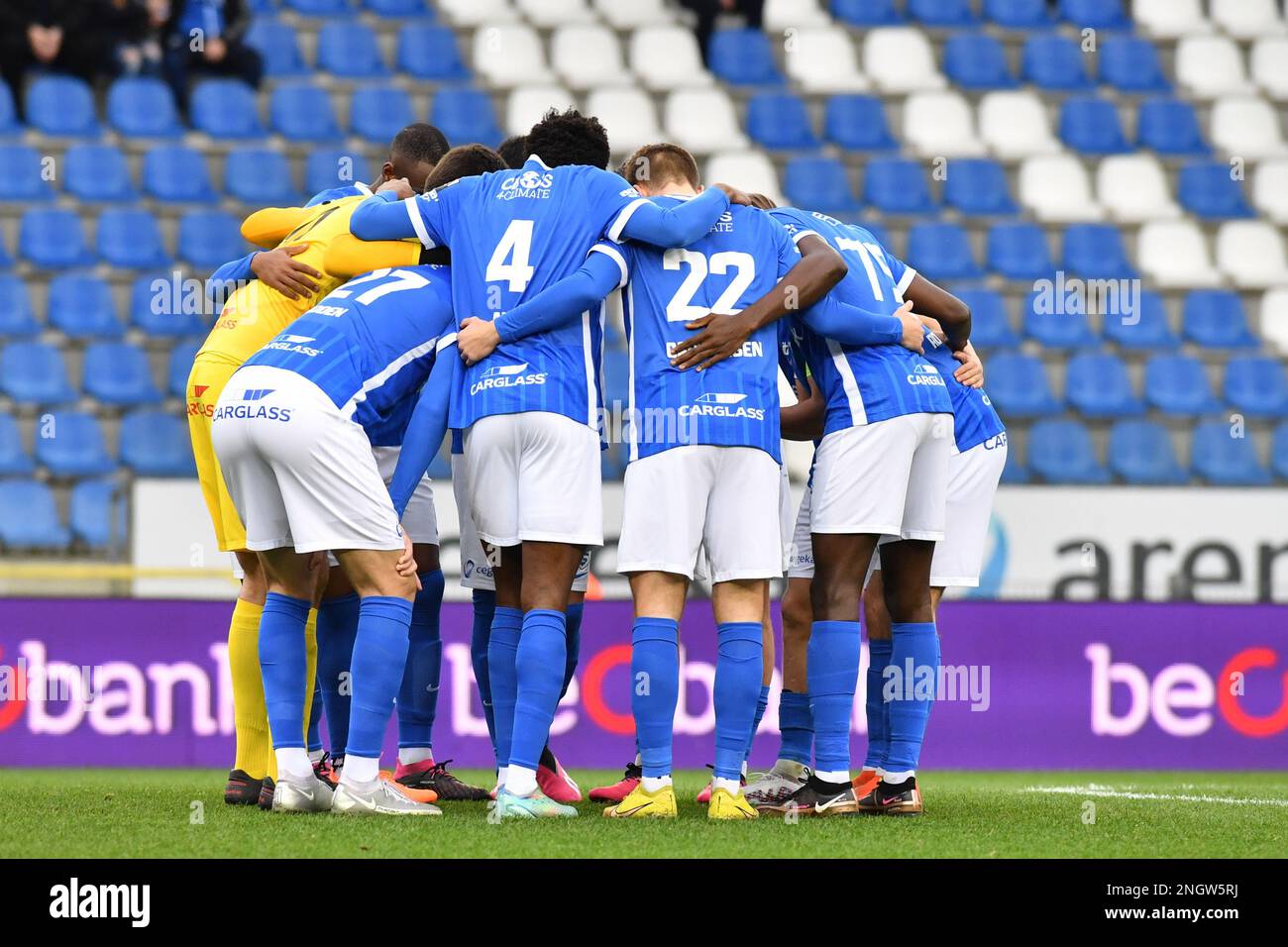 Jong Genk's players pictured before a soccer match between Jong Genk (U23) and SL16 (Standard U23), Sunday 19 February 2023 in Lommel, a postponed game of day 19 of the 2022-2023 'Challenger Pro League' 1B second division of the Belgian championship. BELGA PHOTO JILL DELSAUX Stock Photo