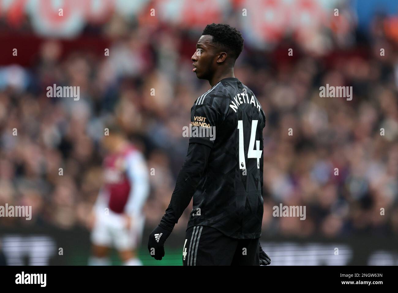 Birmingham, UK. 18th Feb, 2023. Eddie Nketiah of Arsenal looks on. Premier League match, Aston Villa v Arsenal at Villa Park in Birmingham on Saturday 18th February 2023. this image may only be used for Editorial purposes. Editorial use only, license required for commercial use. No use in betting, games or a single club/league/player publications. pic by Andrew Orchard/Andrew Orchard sports photography/Alamy Live news Credit: Andrew Orchard sports photography/Alamy Live News Stock Photo