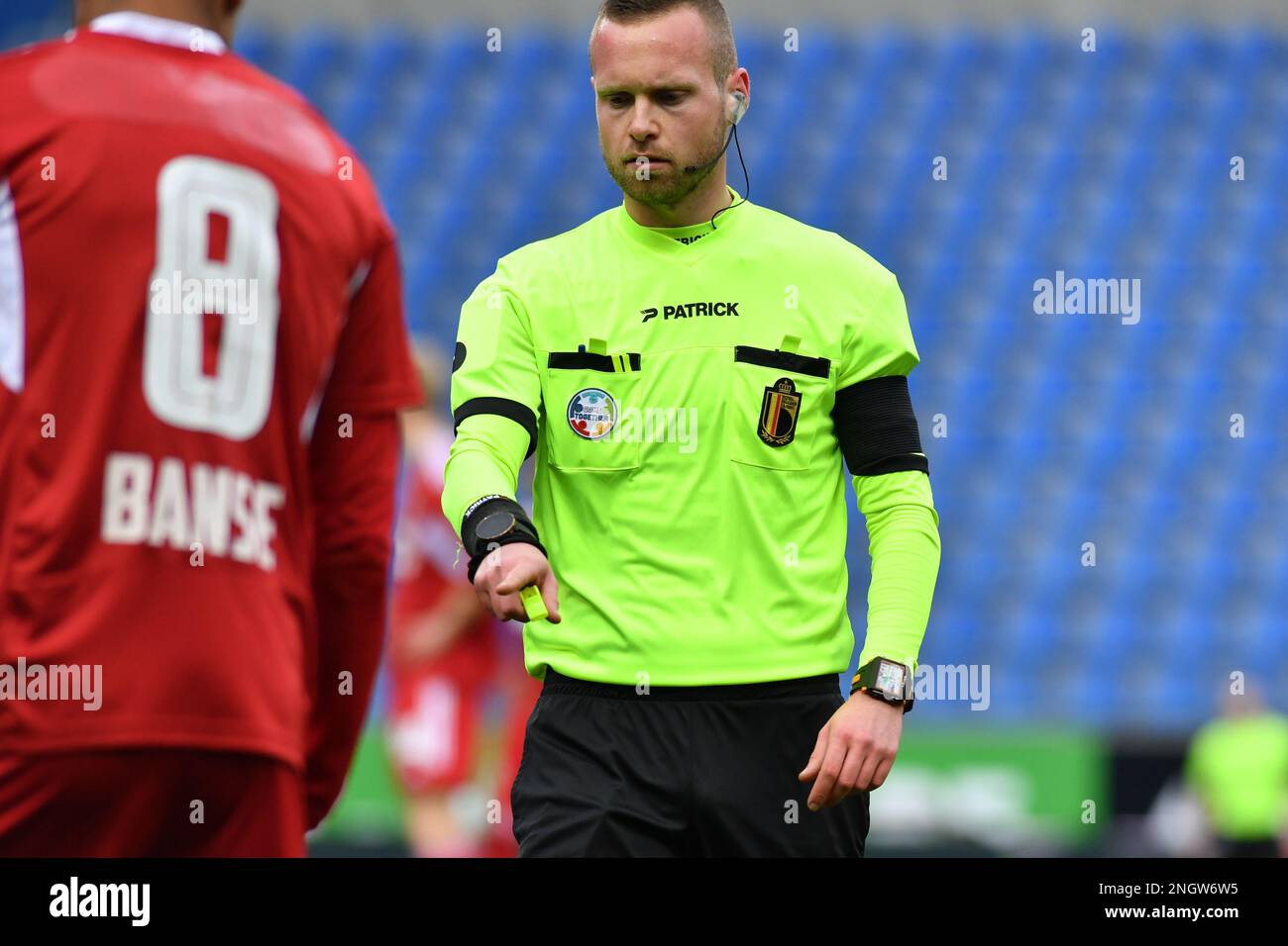referee pictured during a soccer match between Jong Genk (U23) and SL16 (Standard U23), Sunday 19 February 2023 in Lommel, a postponed game of day 19 of the 2022-2023 'Challenger Pro League' 1B second division of the Belgian championship. BELGA PHOTO JILL DELSAUX Stock Photo