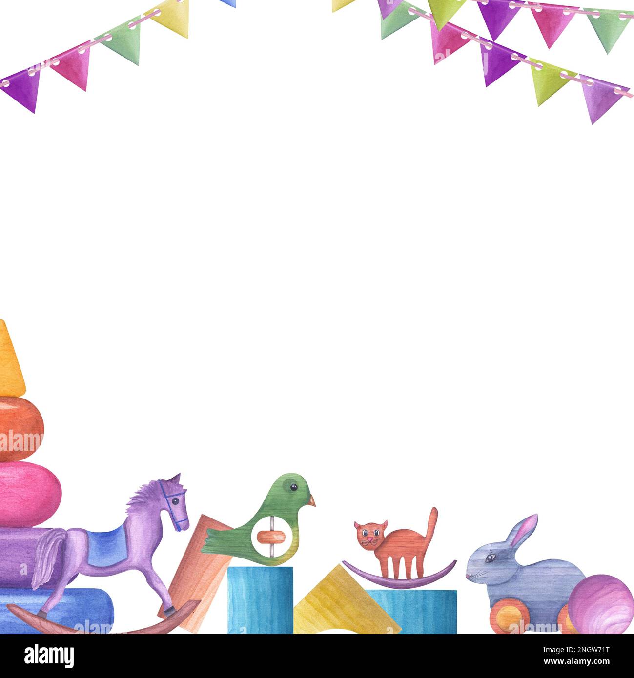 Watercolor illustration with kid wooden toys with ballons, flags ...