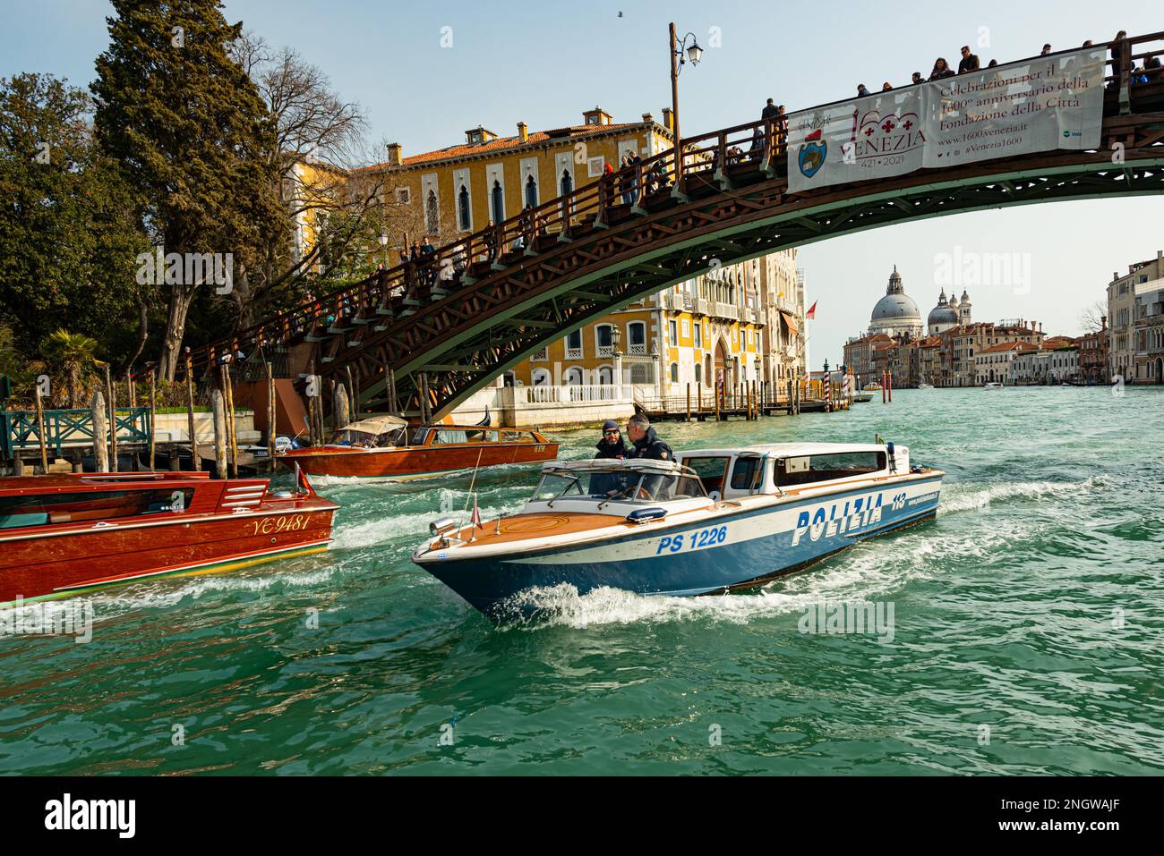 Venice Italy February 21-2022 Italian state police boat in the grand canal of Venice Stock Photo