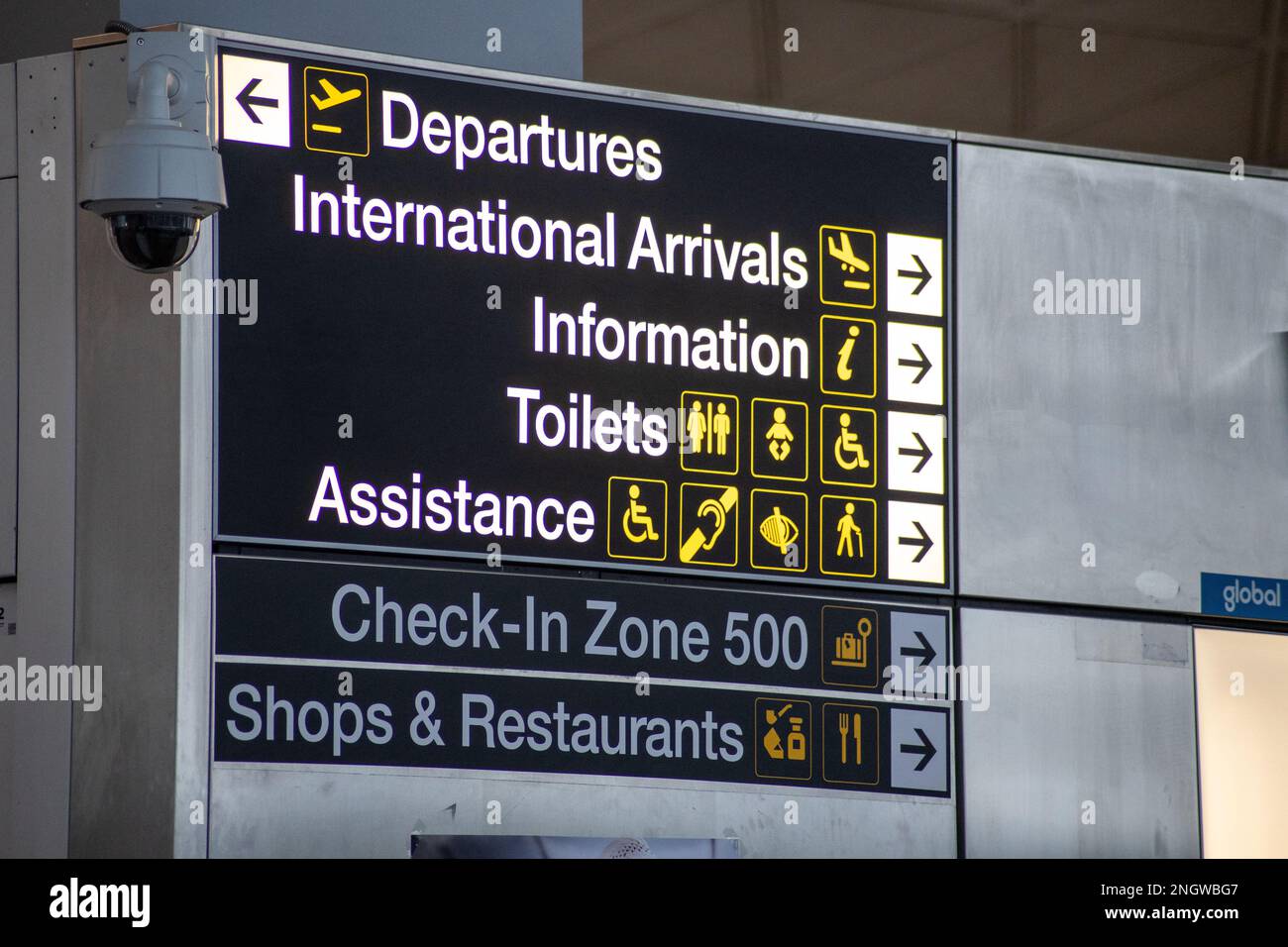 Information sign - Stansted Airport, UK. Credit: Sinai Noor/Alamy Stock Photo
