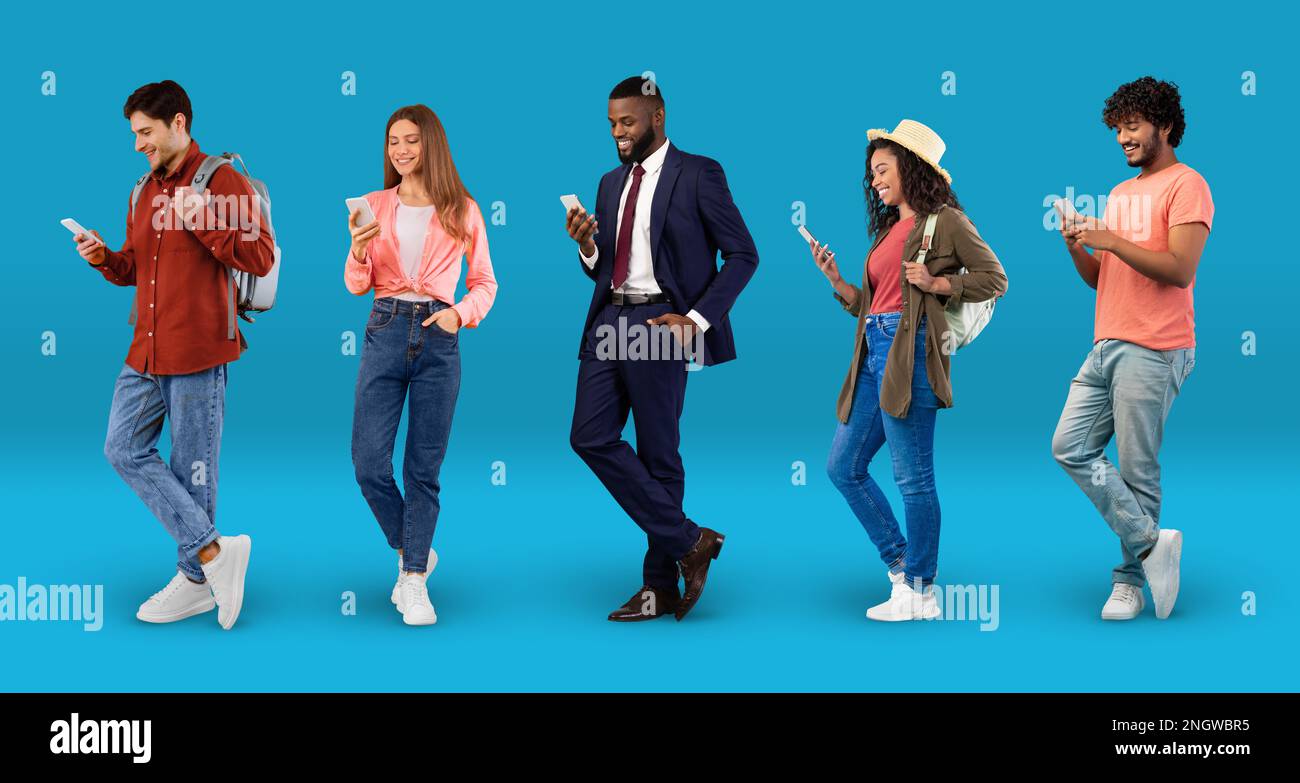 Collage With Diverse Multiethnic People Communicating Online On Smartphones Over Blue Background Stock Photo