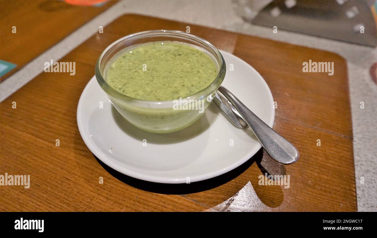Pudina Dahi Chutney or Mint Yoghurt Dip kept in glass bown ready for