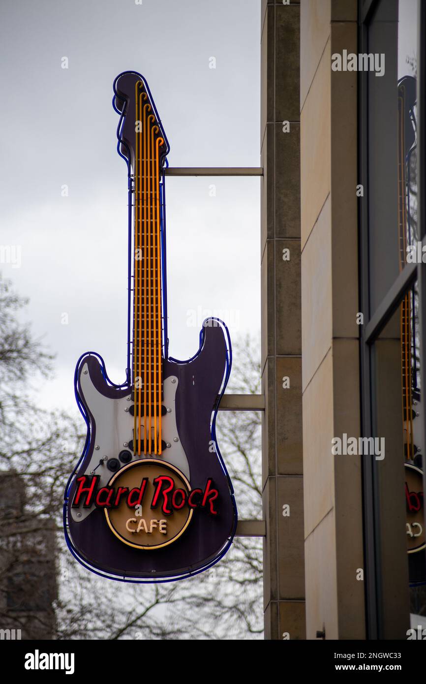 A guitar has been used as an exterior design element of the Hard Rock Cafe. Credit: Sinai Noor/Alamy Stock Photo Stock Photo