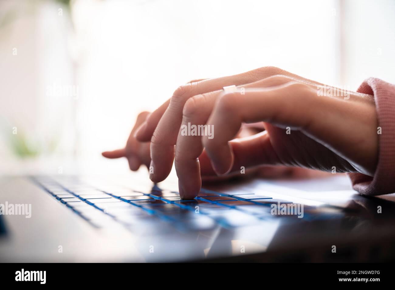 Low angle closeup view of female hands typing on laptop computer keyboard. Stock Photo
