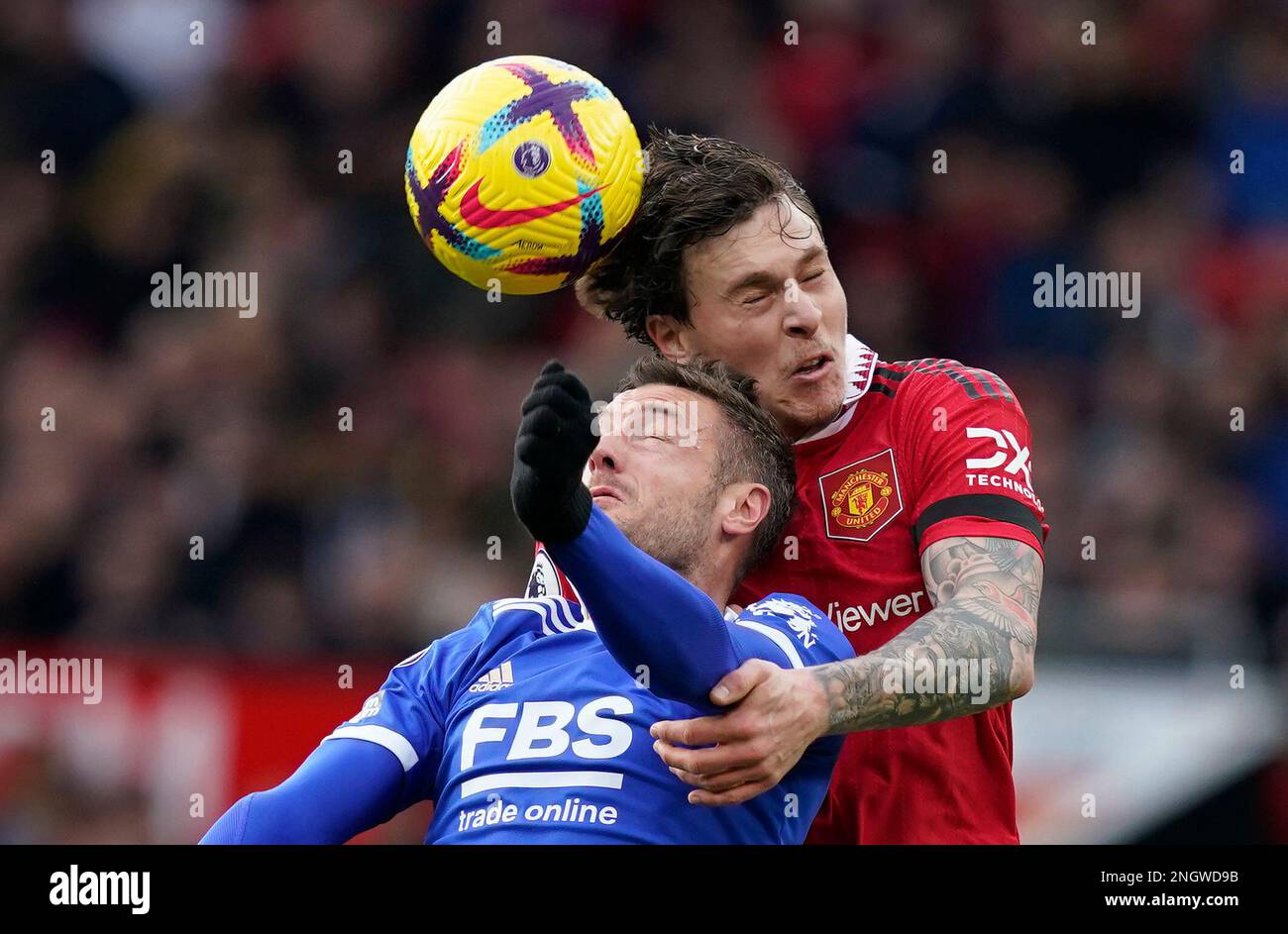 Manchester, UK. 19th Feb, 2023. Victor Lindelof of Manchester United challenges Jamie Vardy of Leicester City during the Premier League match at Old Trafford, Manchester. Picture credit should read: Andrew Yates/Sportimage Credit: Sportimage/Alamy Live News Stock Photo