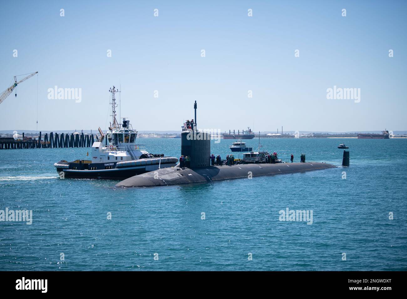 GARDEN ISLAND, Australia - The Virginia-class fast-attack submarine USS Mississippi (SSN 782) arrives at Royal Australian Navy HMAS Stirling Naval Base, Nov. 28. Mississippi is currently on patrol in support of national security interests in the U.S. 7th Fleet area of operations. Stock Photo