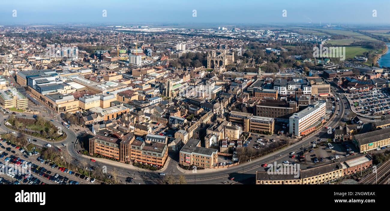 Aerial cityscape view of Peterborough city centre skyline with Cathedral and retail district