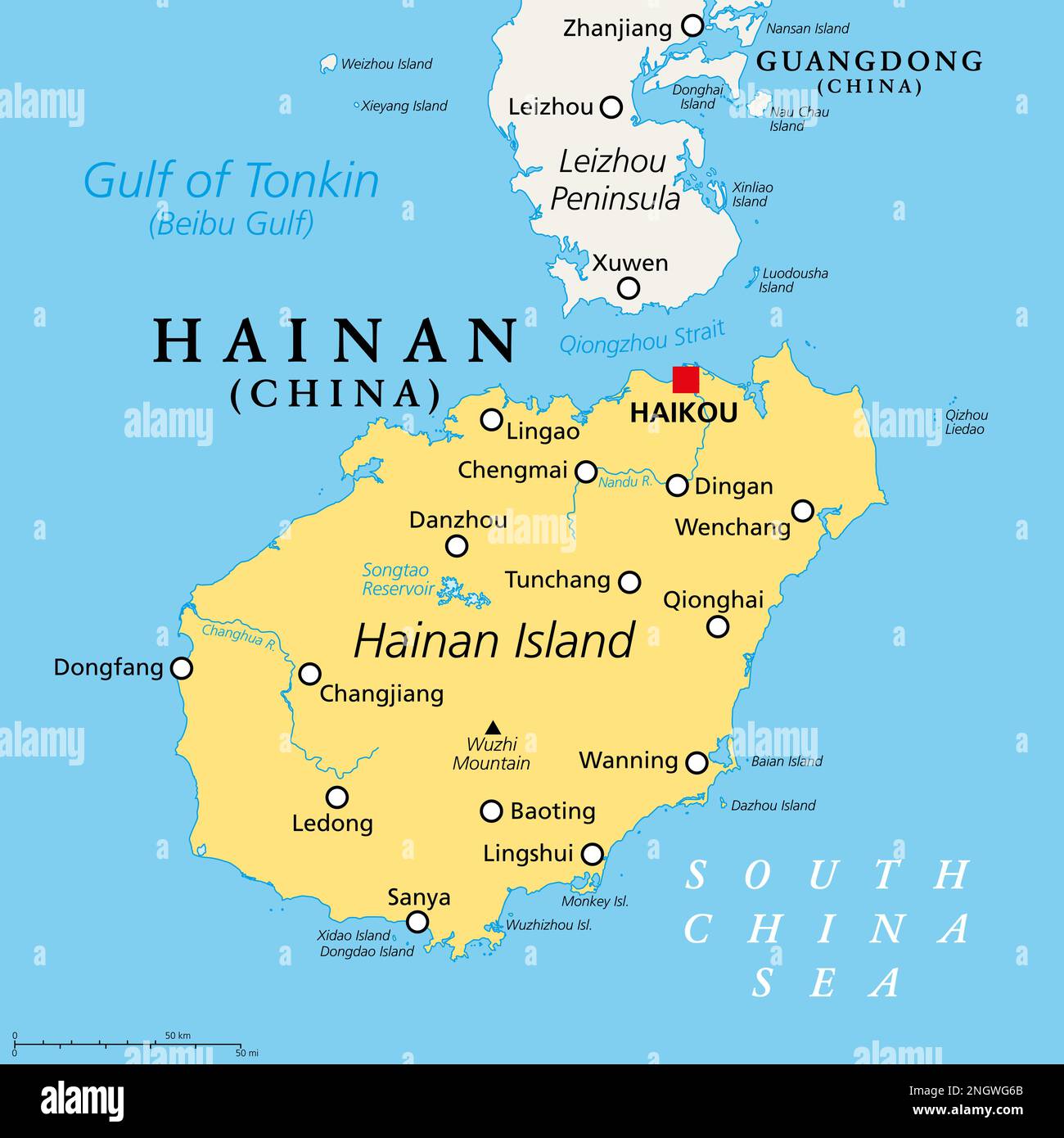 Hainan, smallest and southernmost province of China, PRC, political map. Consisting of Hainan Island and various small islands in the South China Sea. Stock Photo