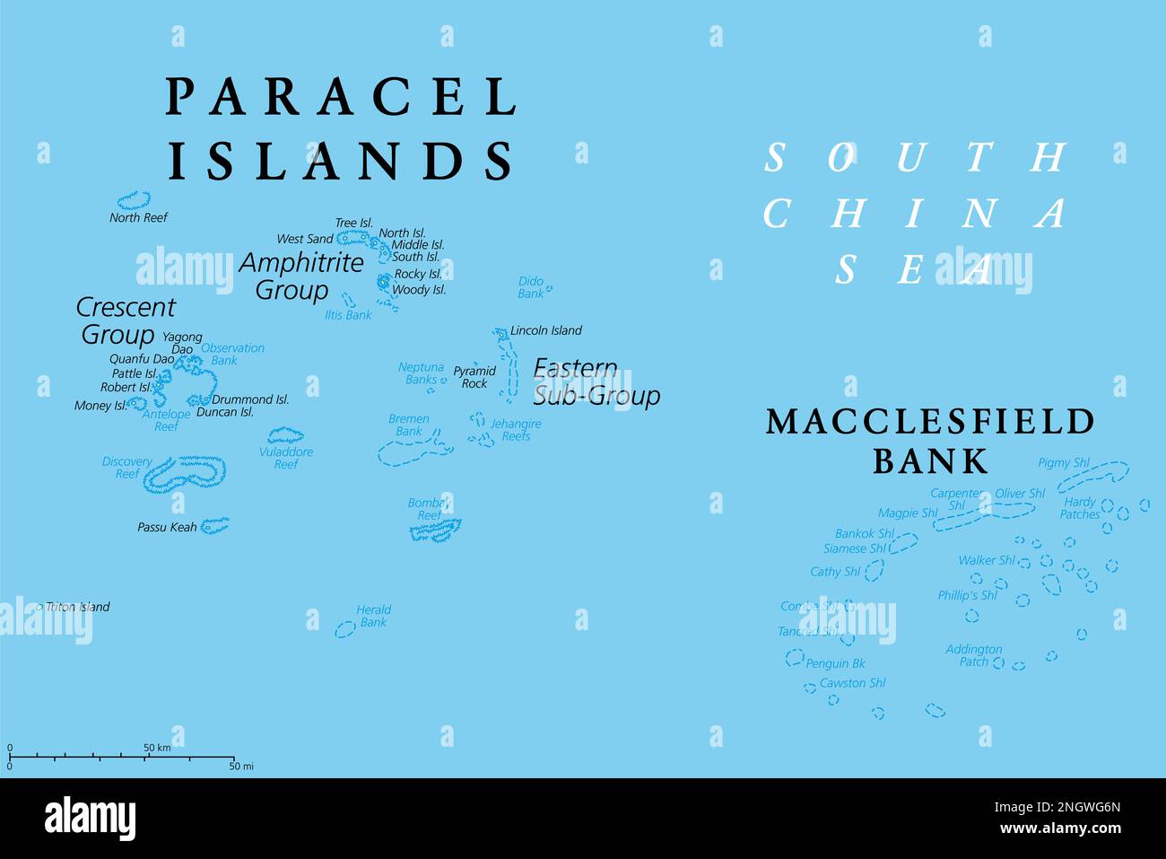 Paracel Islands political map. Also known as Xisha Islands or Hoang Sa Archipelago. Disputed archipelago in the South China Sea. Stock Photo