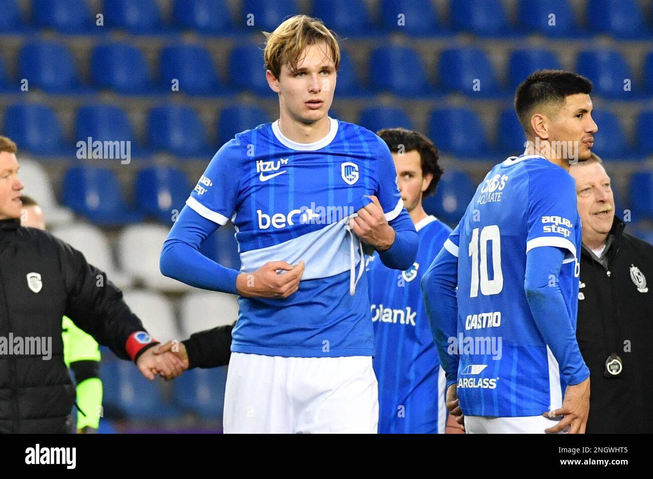 Jong Genk's players looks dejected after a soccer match between Jong Genk (U23) and SL16 (Standard U23), Sunday 19 February 2023 in Lommel, a postponed game of day 19 of the 2022-2023 'Challenger Pro League' 1B second division of the Belgian championship. BELGA PHOTO JILL DELSAUX Stock Photo