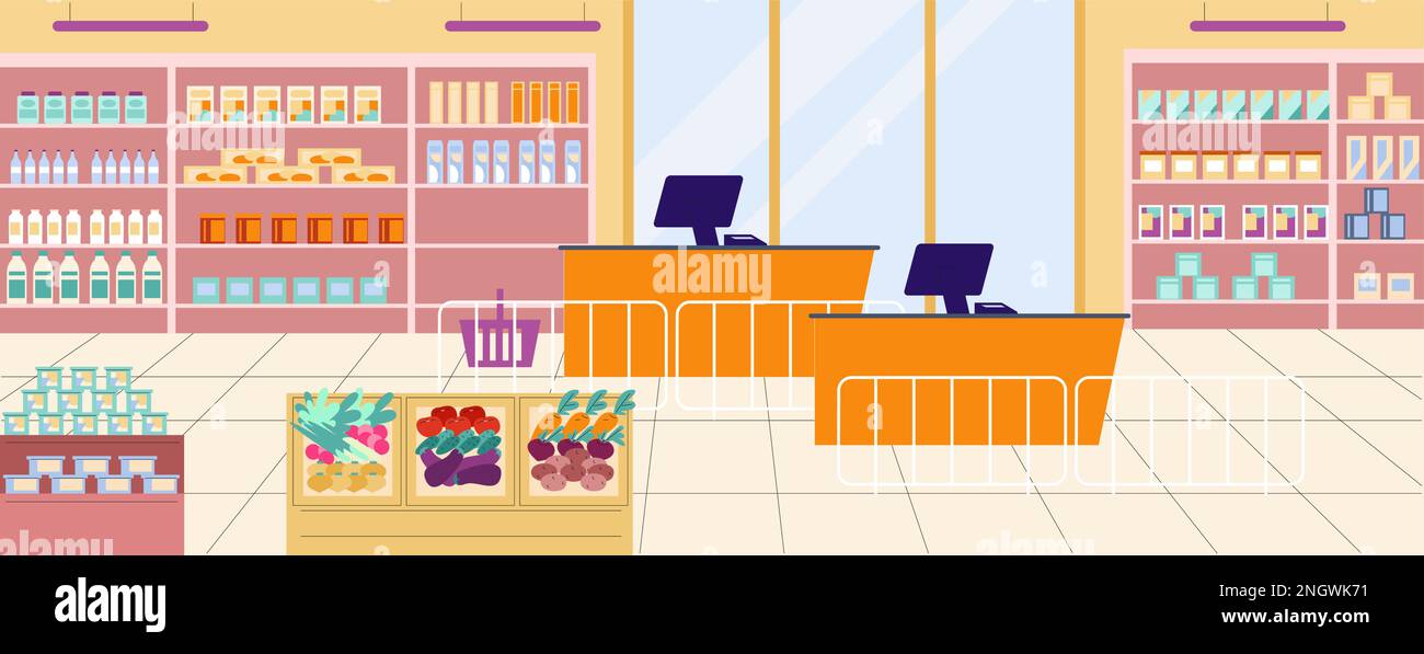 Supermarket interior with food shelves, vegetables, fruits and cashier zone. Modern empty food store vector image, flat market location design Stock Vector