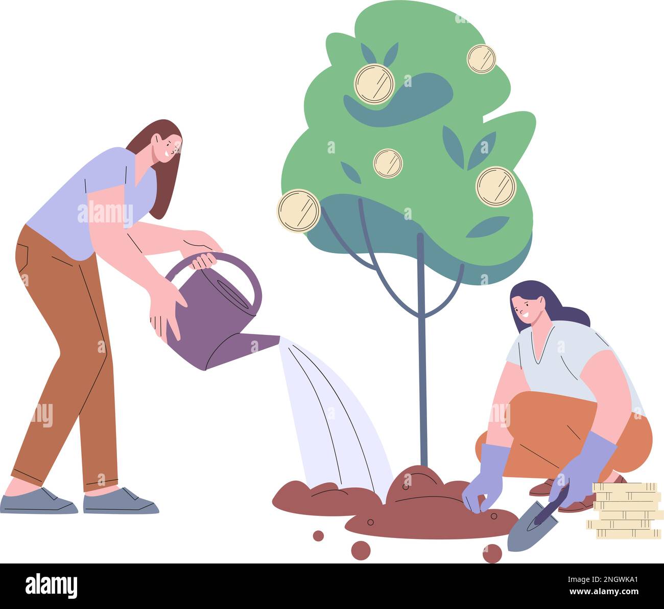 Female characters care money tree. Women grow financial profit. Business benefits, investment cartoon metaphor. Gardening characters vector scene Stock Vector