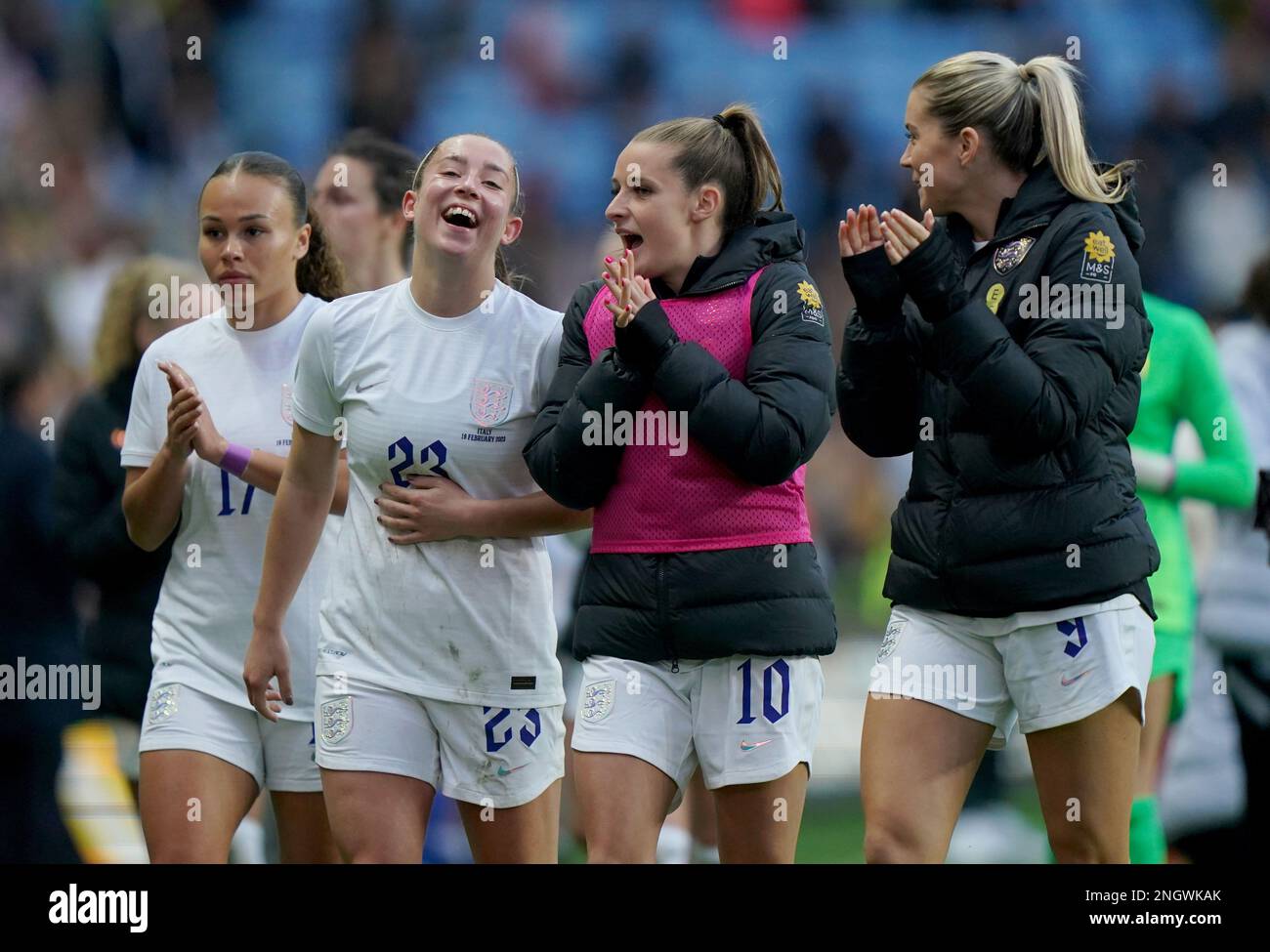 Left to right, England's Ebony Salmon, Maya Le Tissier, Ella Toone and Alessia Russo applaud the fans after the Arnold Clark Cup match at the Coventry Building Society Arena, Coventry. Picture date: Sunday February 19, 2023. Stock Photo