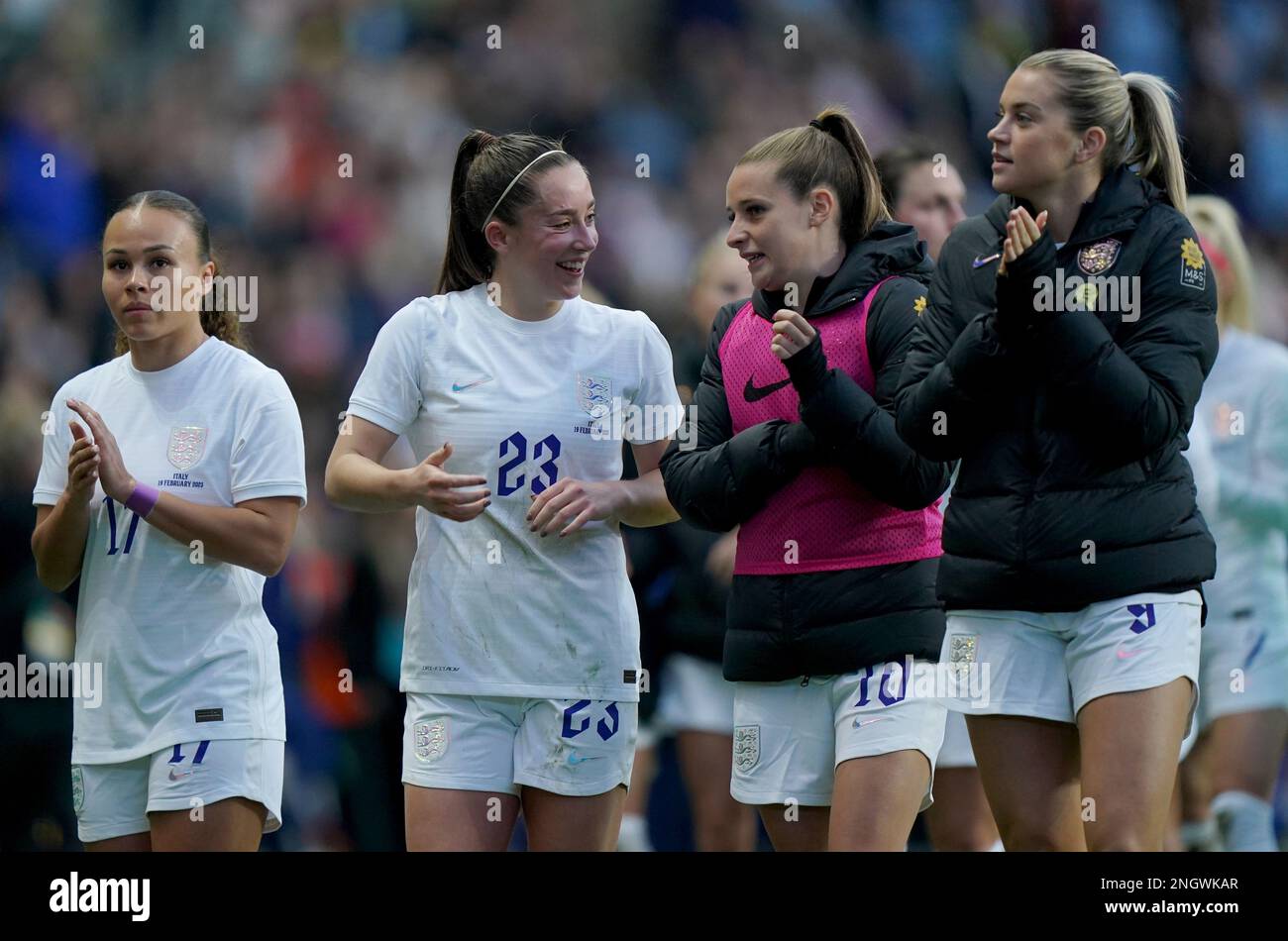 Left to right, England's Ebony Salmon, Maya Le Tissier, Ella Toone and Alessia Russo applaud the fans after the Arnold Clark Cup match at the Coventry Building Society Arena, Coventry. Picture date: Sunday February 19, 2023. Stock Photo