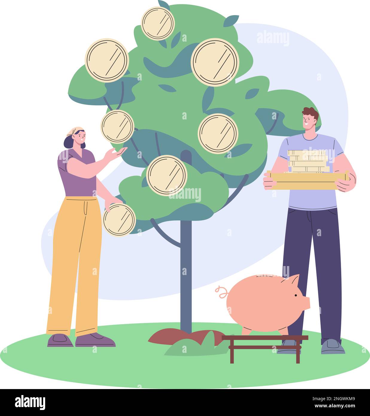 People collect money coins from green tree. Investment profit and dividends metaphor. Business person growing cash plant, successful start up vector Stock Vector