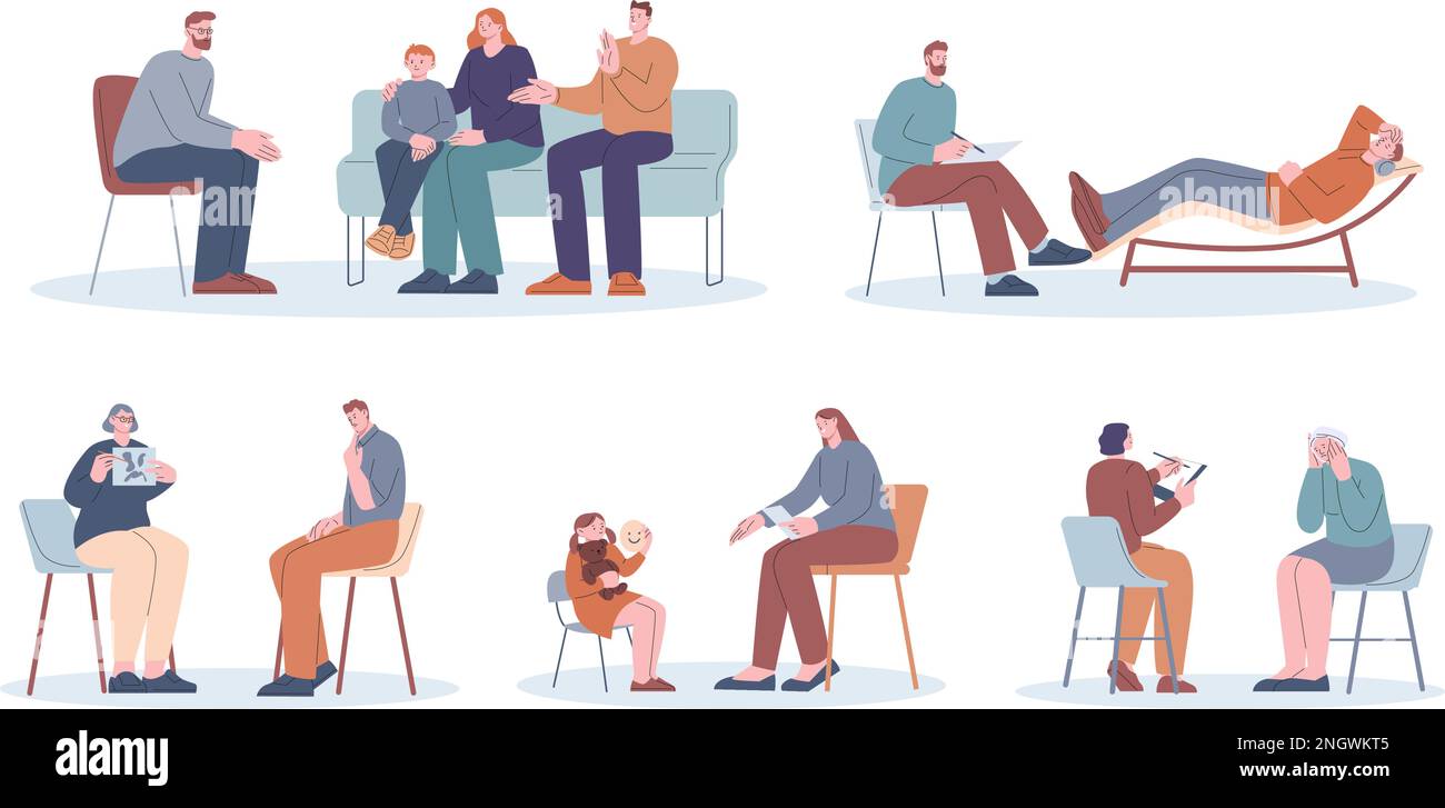 Psychotherapy scenes with psychologist and depression patient. Psychology support, mental social help. Counseling therapy in office kicky vector Stock Vector