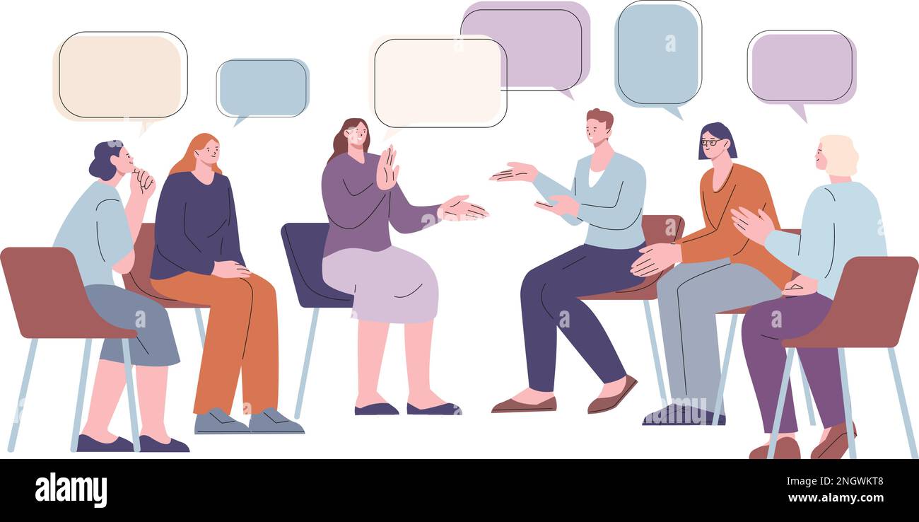 Therapy for stressed group and support club. Discussion circle woman and man. Psychotherapy session in team, counseling kicky vector scene Stock Vector
