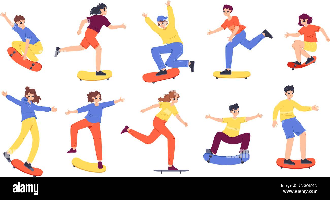 Teenagers skateboarders characters. Girl boy skateboarding, young person on skateboard. Summer outdoor sport activity, snugly jumping vector people Stock Vector