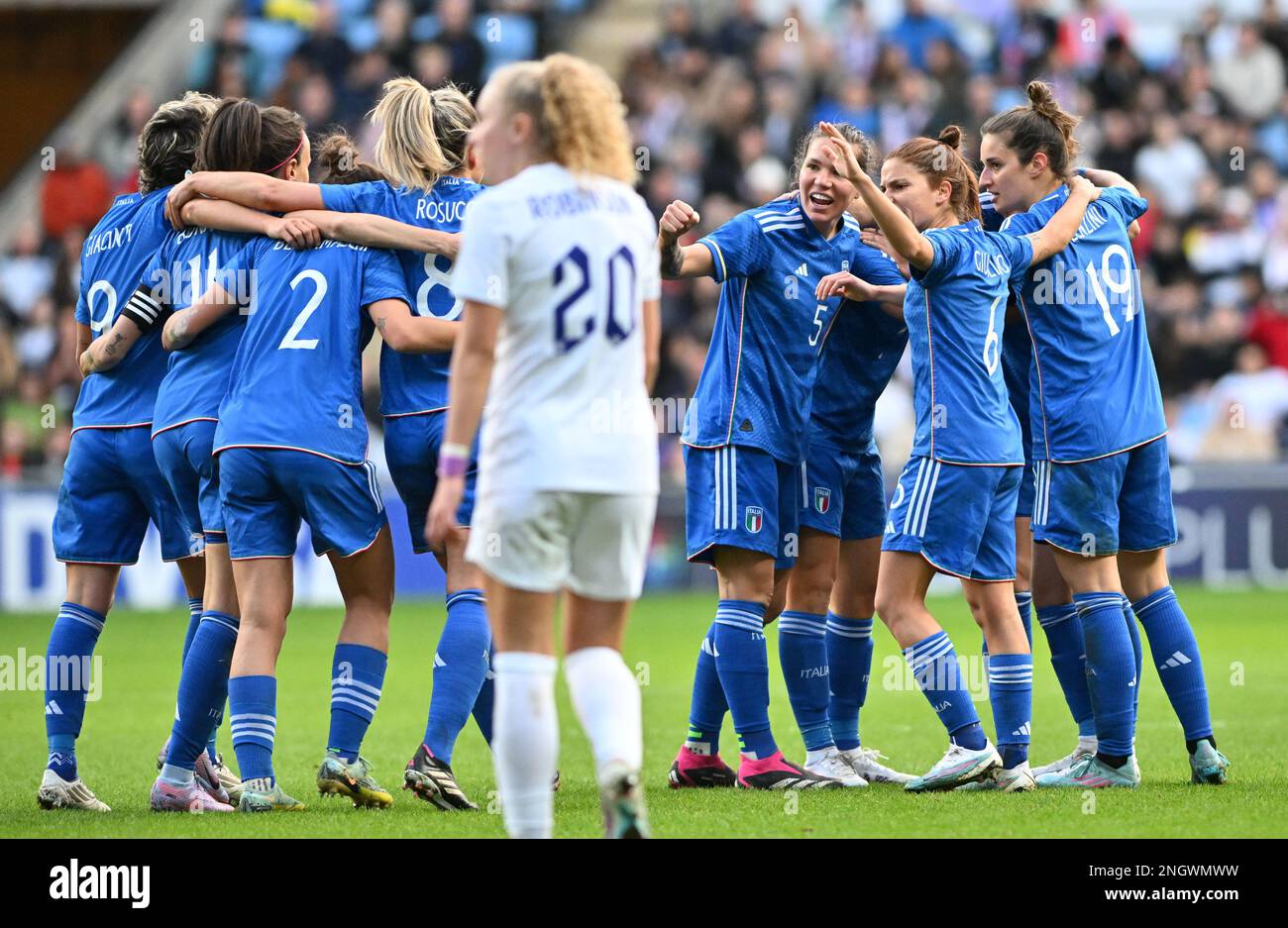 Coventry, UK. 19th Feb, 2023. Italian players pictured celebrating after scoring a goal during a